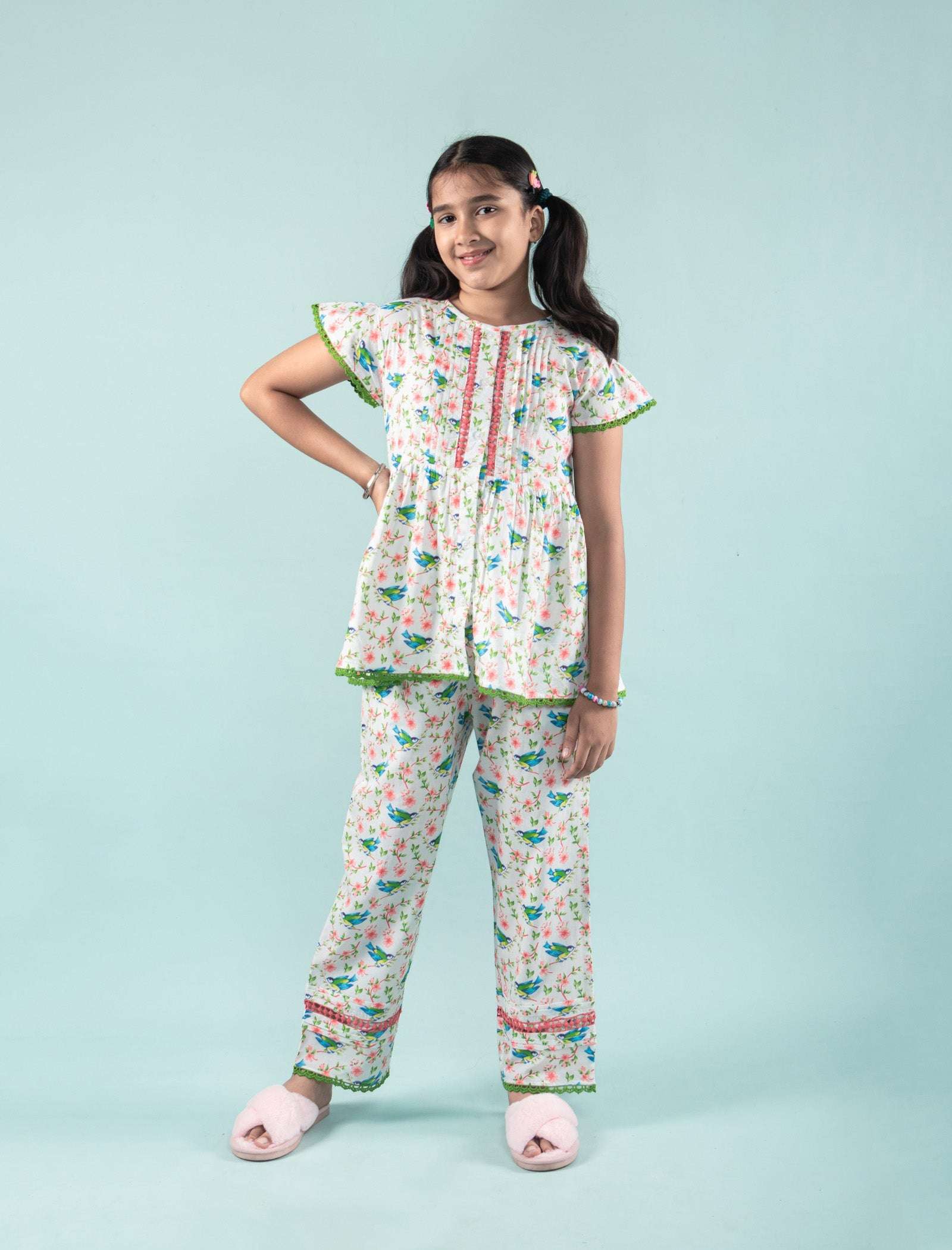 Bird Printed Girls Cotton Nightsuit with Eye Mask (Green) - Tweeny Mini