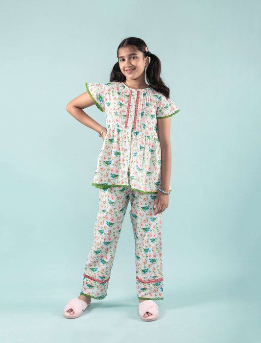 Bird Printed Girls Cotton Nightsuit with Eye Mask (Green) - Tweeny Mini