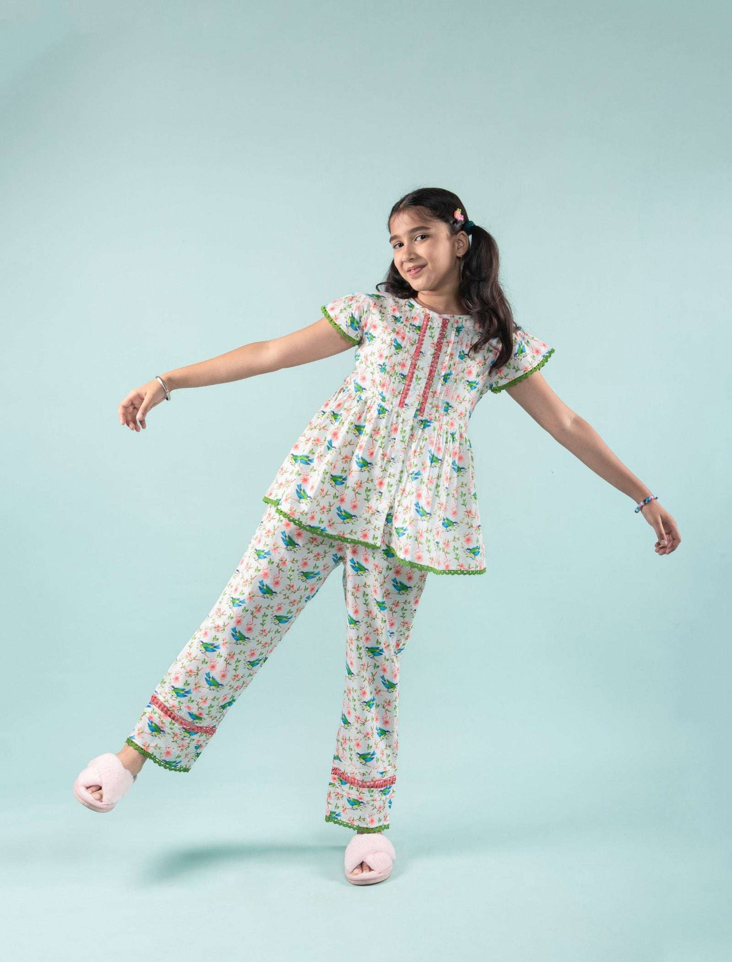 Bird Printed Girls Cotton Nightsuit with Eye Mask (Green) - Tweeny Mini