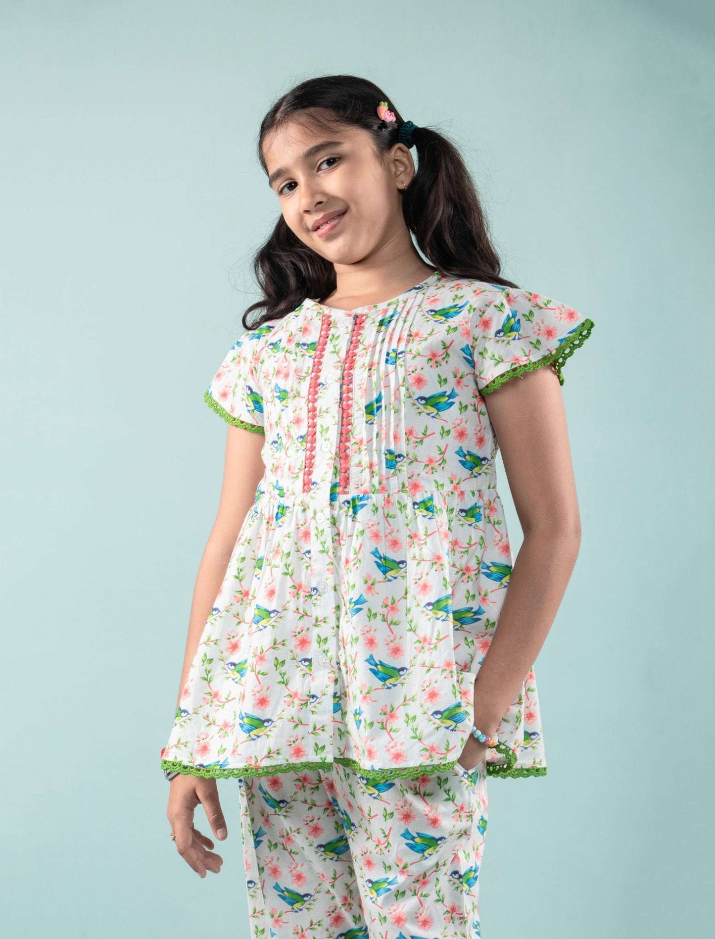 Bird Printed Girls Cotton Nightsuit with Eye Mask (Green) - Tweeny Mini