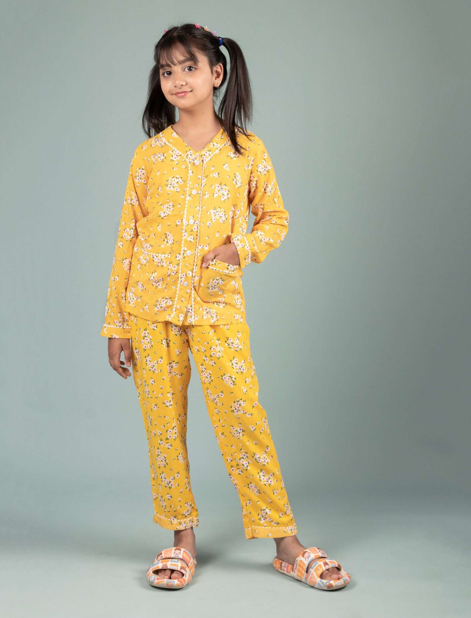Pure Rayon Girls Kids Floral Night Dress (Full Sleeves, Yellow) - Tweeny Mini