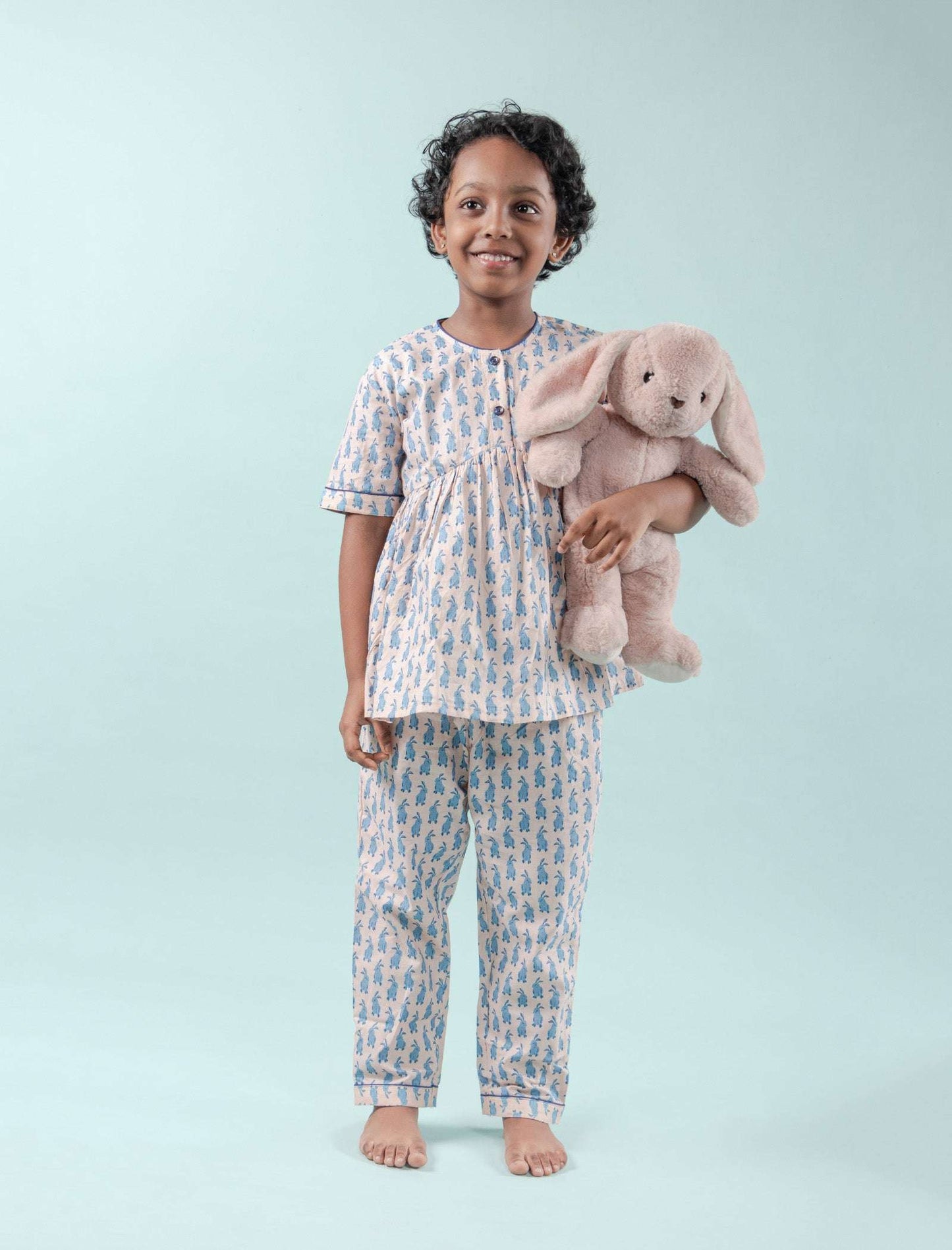 Cute Bunny Printed Night Dress for Girls Kids (Light Blue) - Tweeny Mini