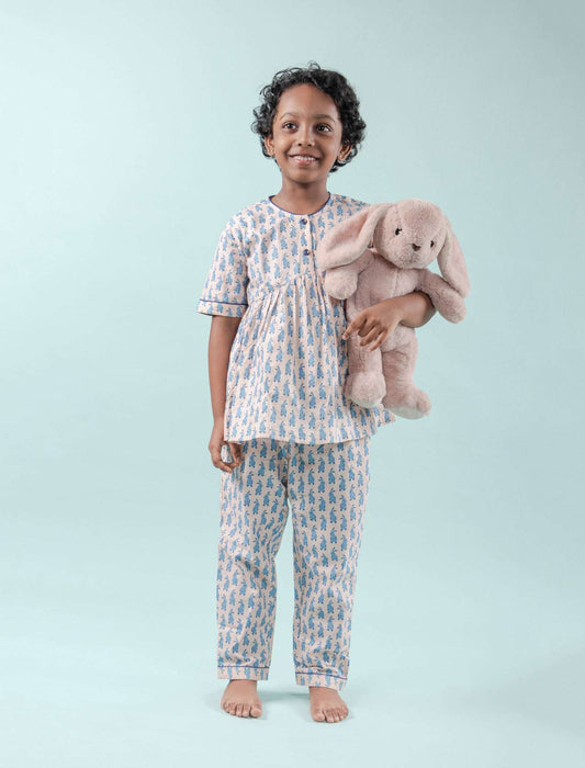 Cute Bunny Printed Night Dress for Girls Kids (Light Blue) - Tweeny Mini