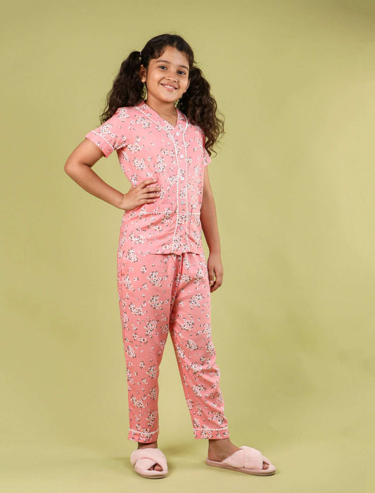 Summer Floral Girls Night Suit for Kids (Peach) - Tweeny Mini