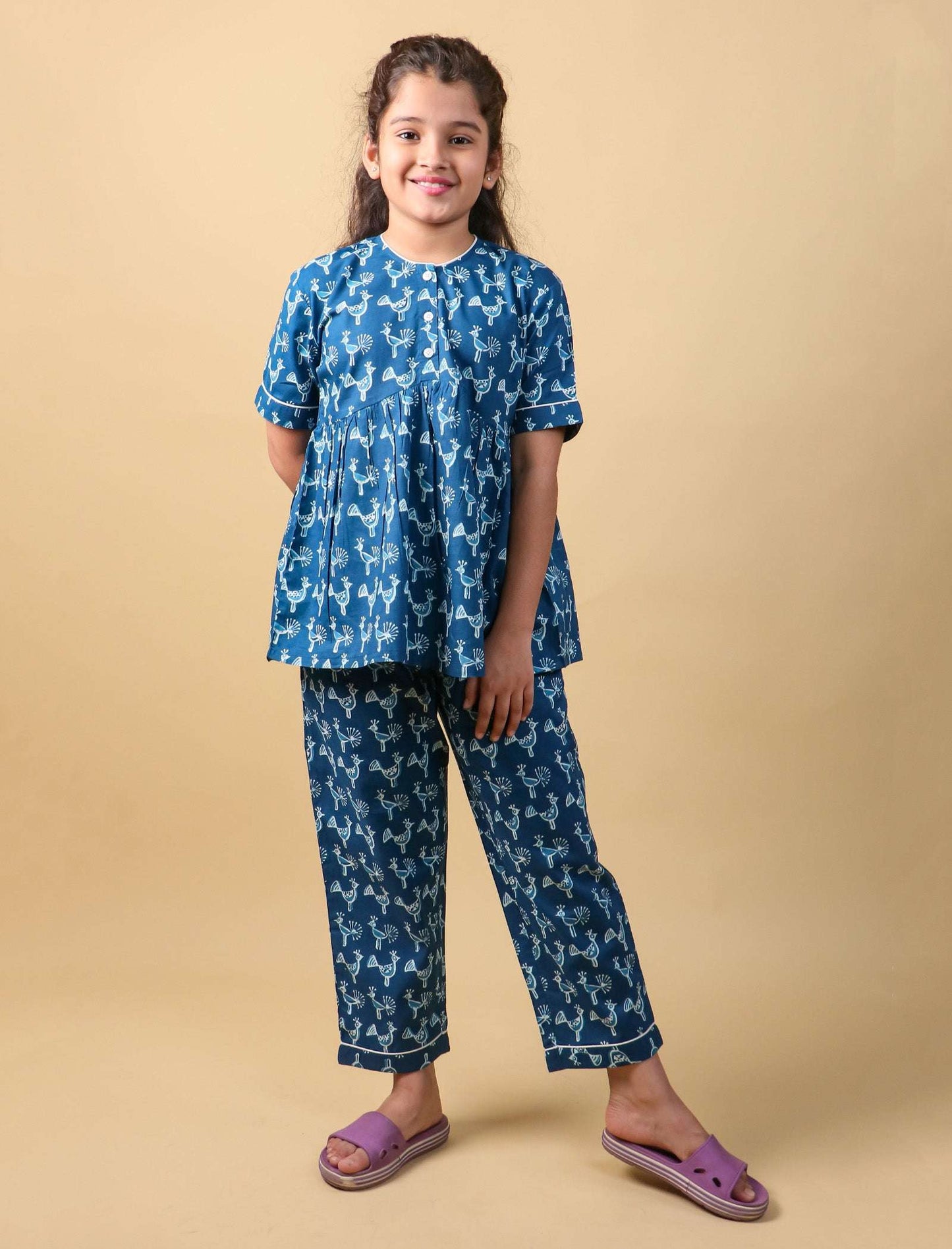 Peacock Print Night Suit for Kids Girls (Indigo Blue) - Tweeny Mini