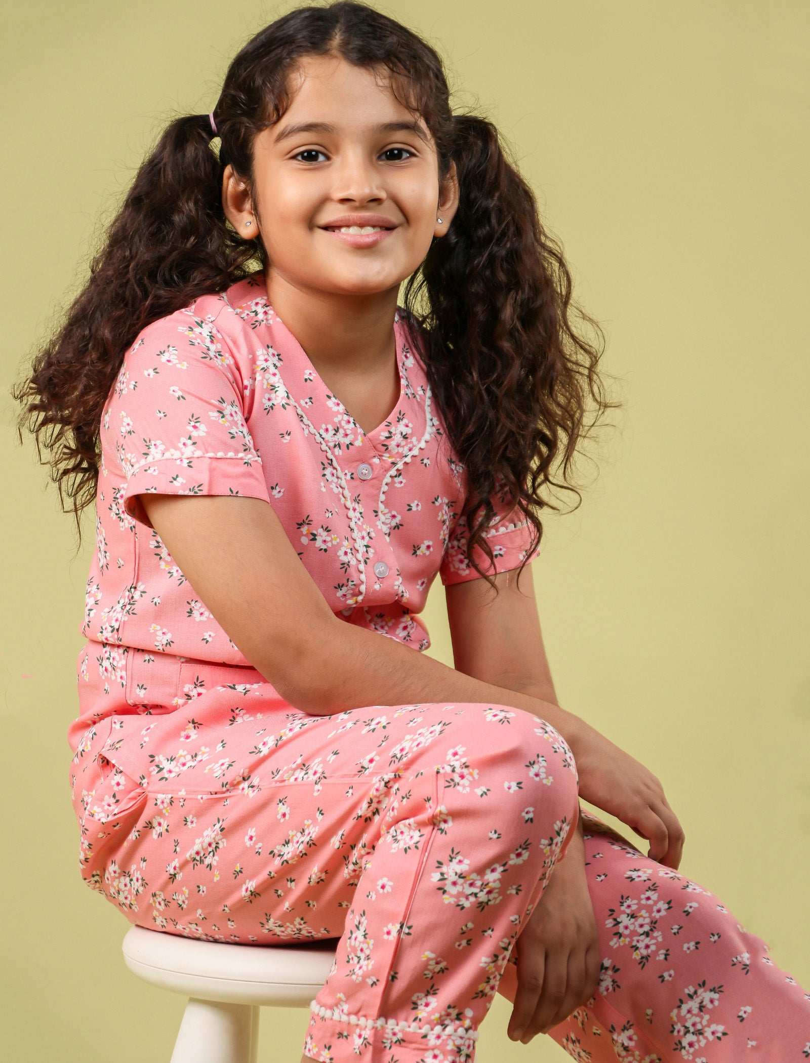 Summer Floral Girls Night Suit for Kids (Peach) - Tweeny Mini