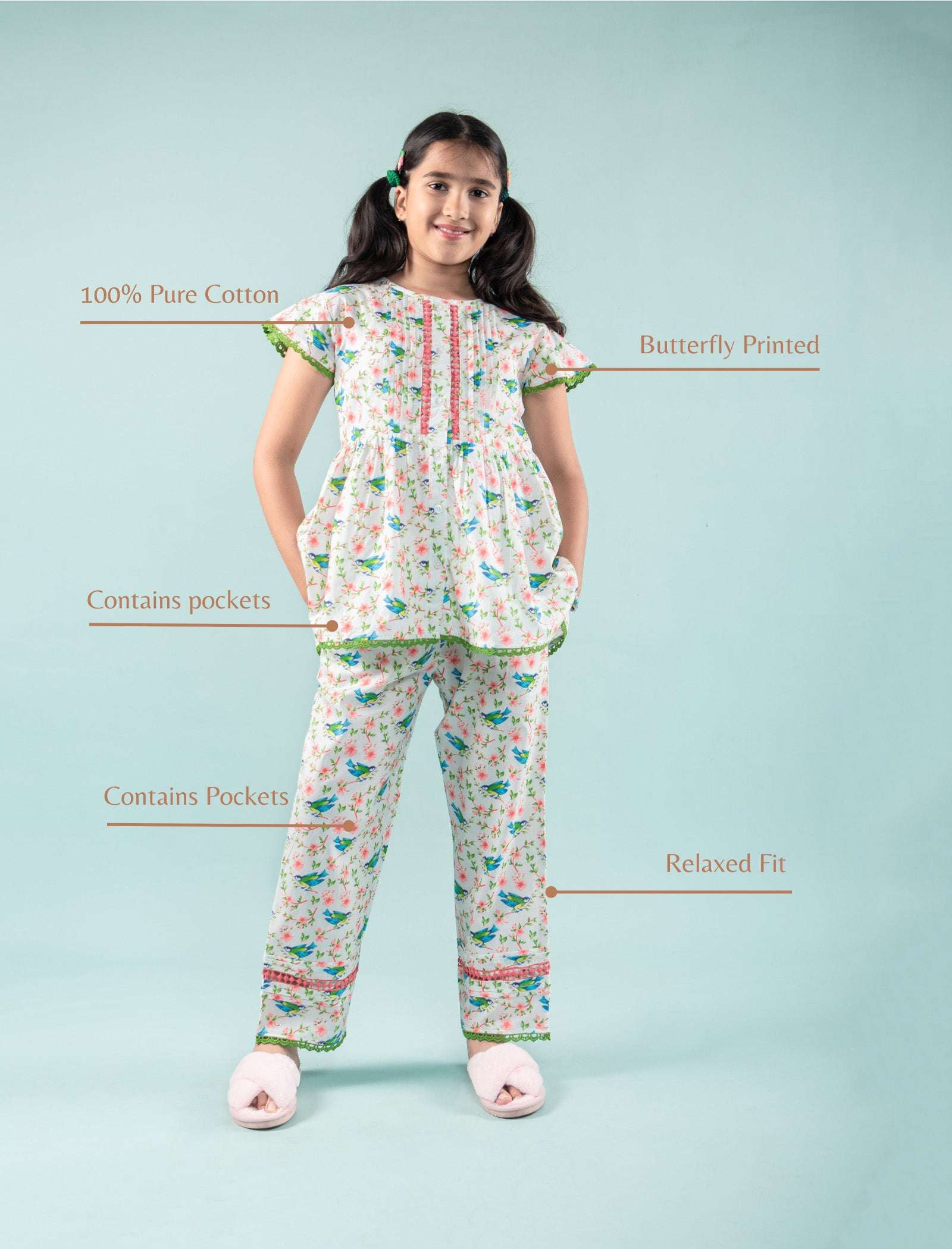 Bird Printed Girls Cotton Nightsuit with Eye Mask (Green) - Tweeny Mini