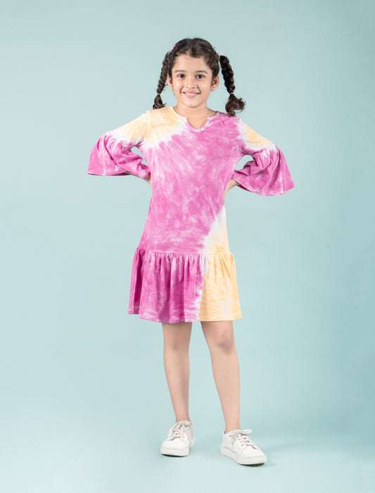 Long Sleeves Girls Kids Tie Dye Dress (Orange-Pink) - Tweeny Mini