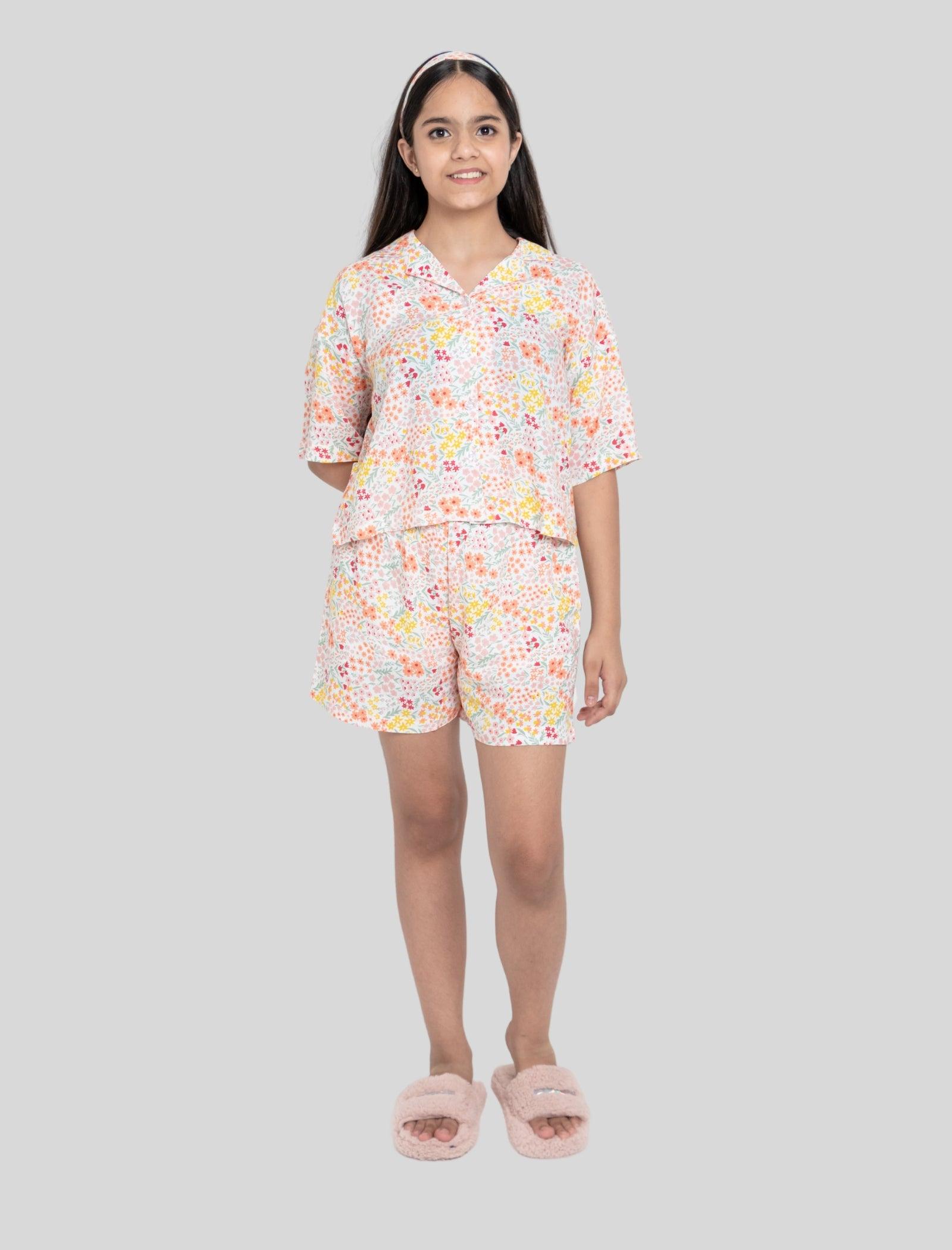 Relaxed Fit Floral Kids Girls Night Dress Shorts with Shirt (Multi-Color) - Tweeny Mini