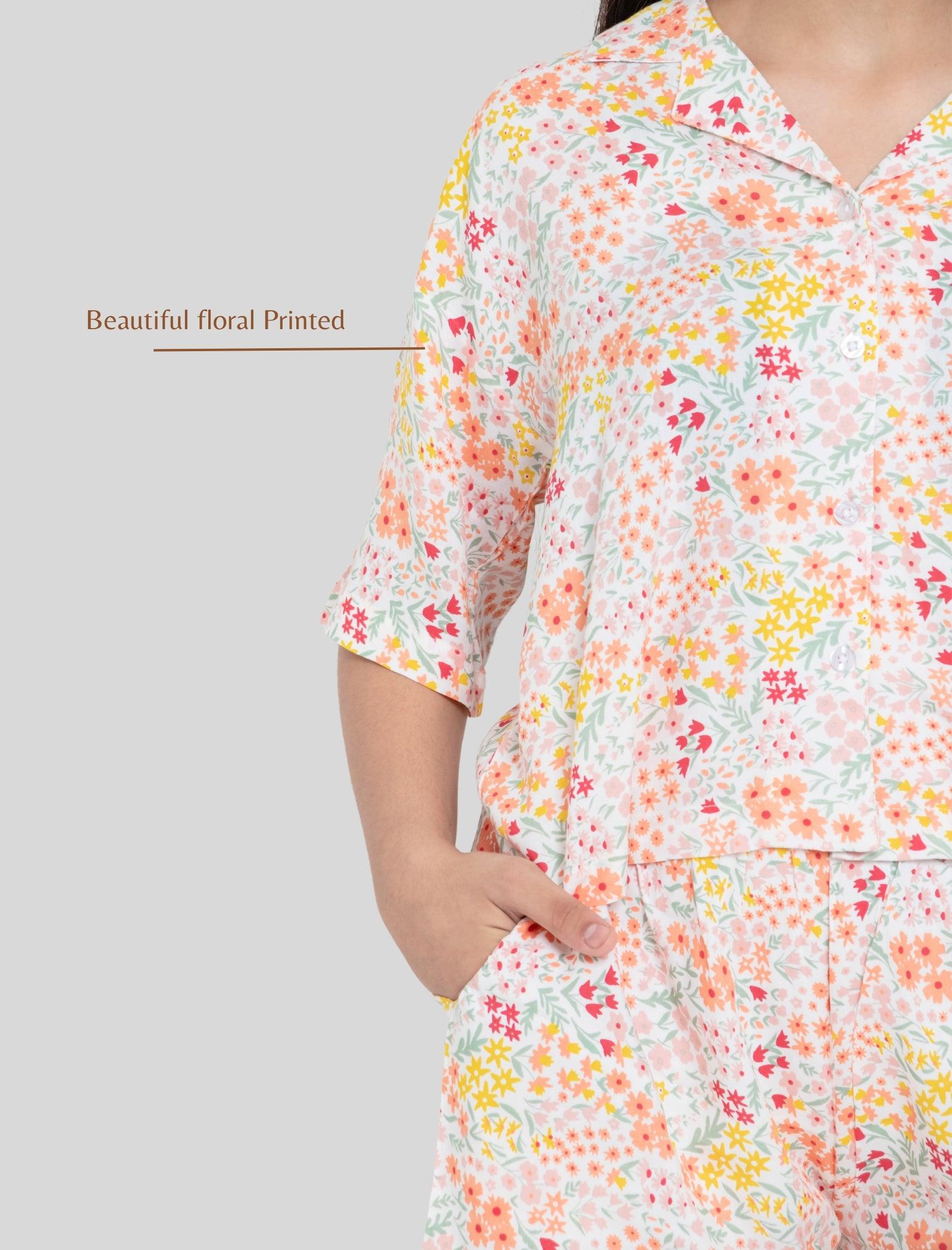 Relaxed Fit Floral Kids Girls Night Dress Shorts with Shirt (Multi-Color) - Tweeny Mini