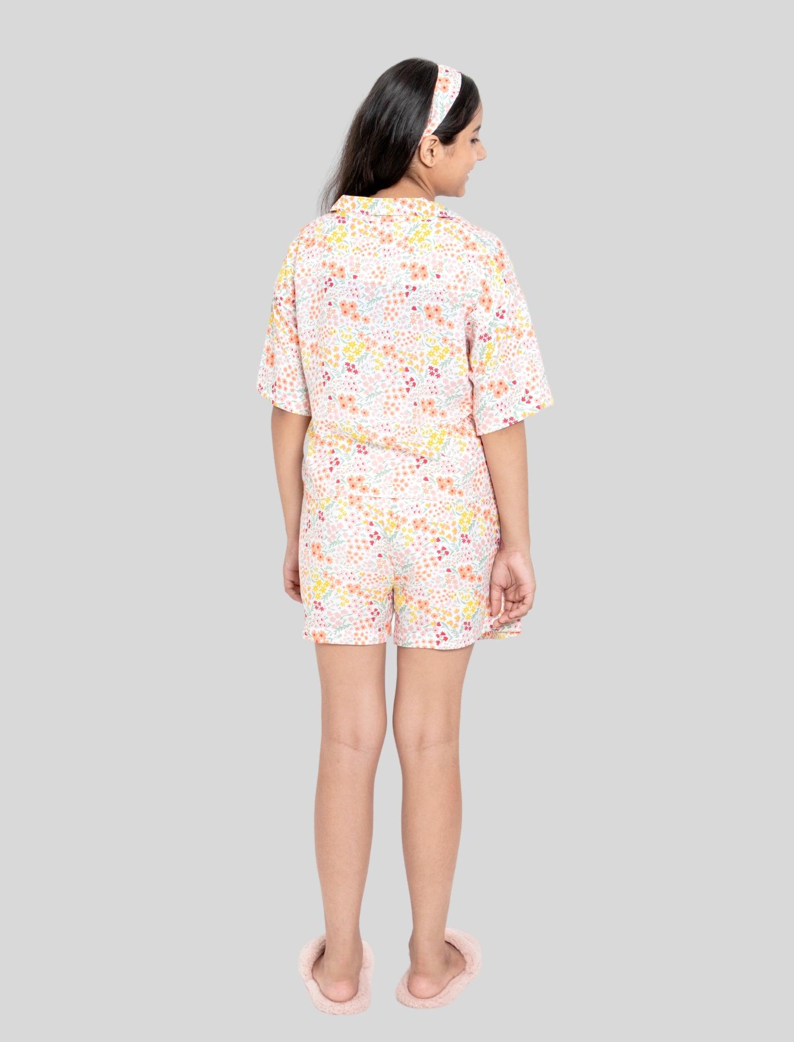 Relaxed Fit Floral Kids Girls Night Dress Shorts with Shirt (Multi-Color) - Tweeny Mini