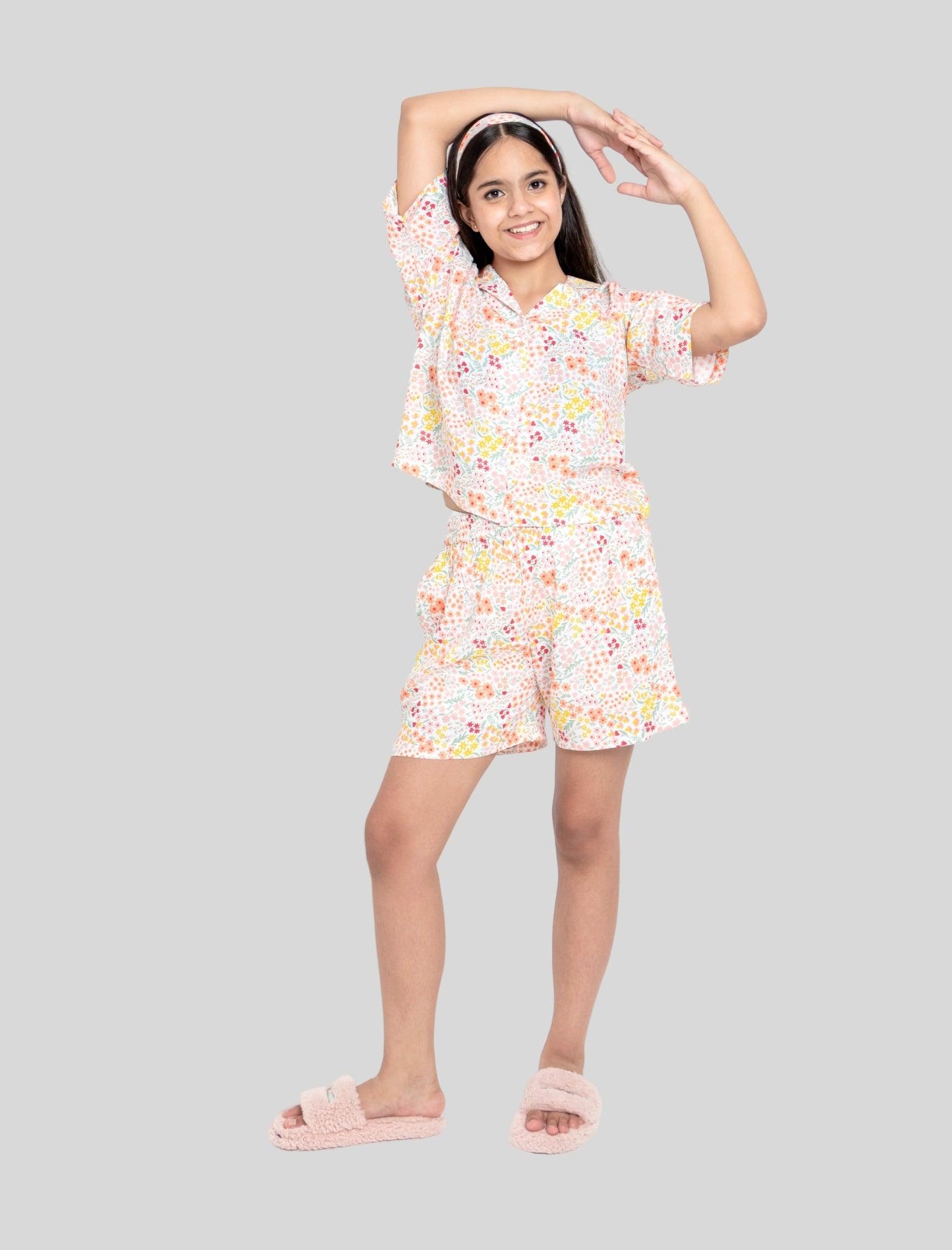 Relaxed Fit Floral Kids Girls Night Dress Shorts with Shirt (Multi-Color) - Tweeny Mini
