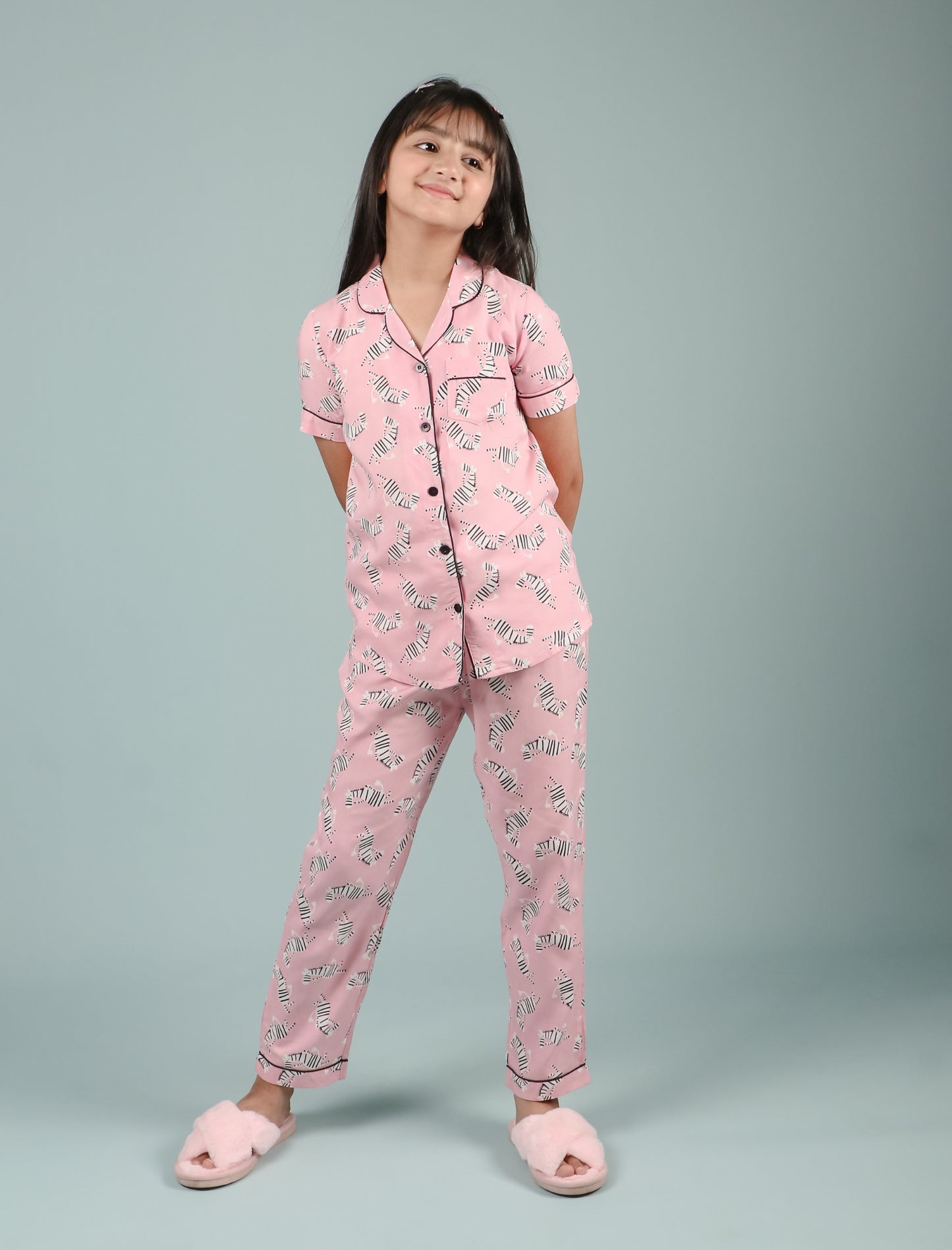 Pure Rayon Zebra Printed Kids Girls Nightwear Pajama Set (Half Sleeves, Pink) - Tweeny Mini