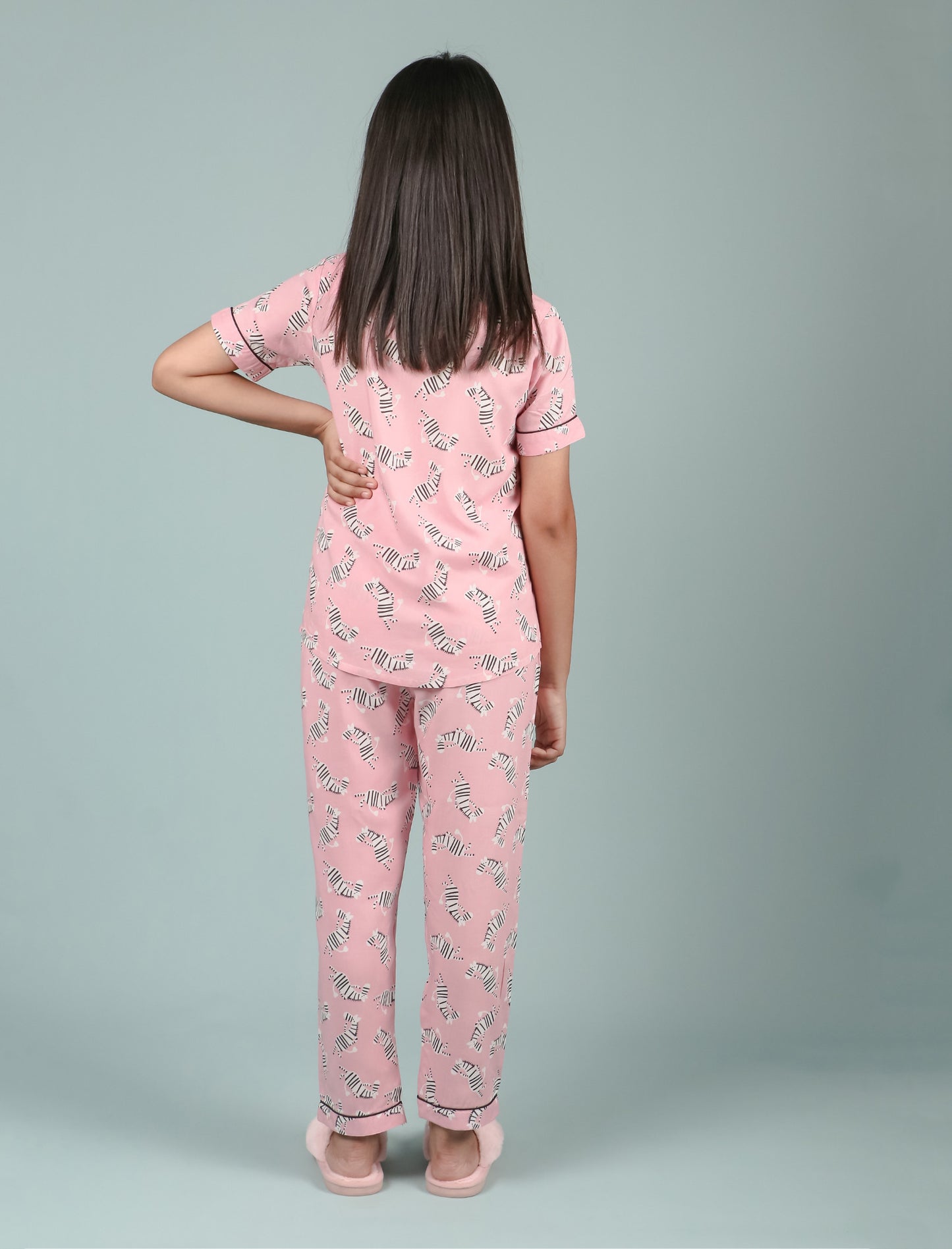 Pure Rayon Zebra Printed Kids Girls Nightwear Pajama Set (Half Sleeves, Pink) - Tweeny Mini