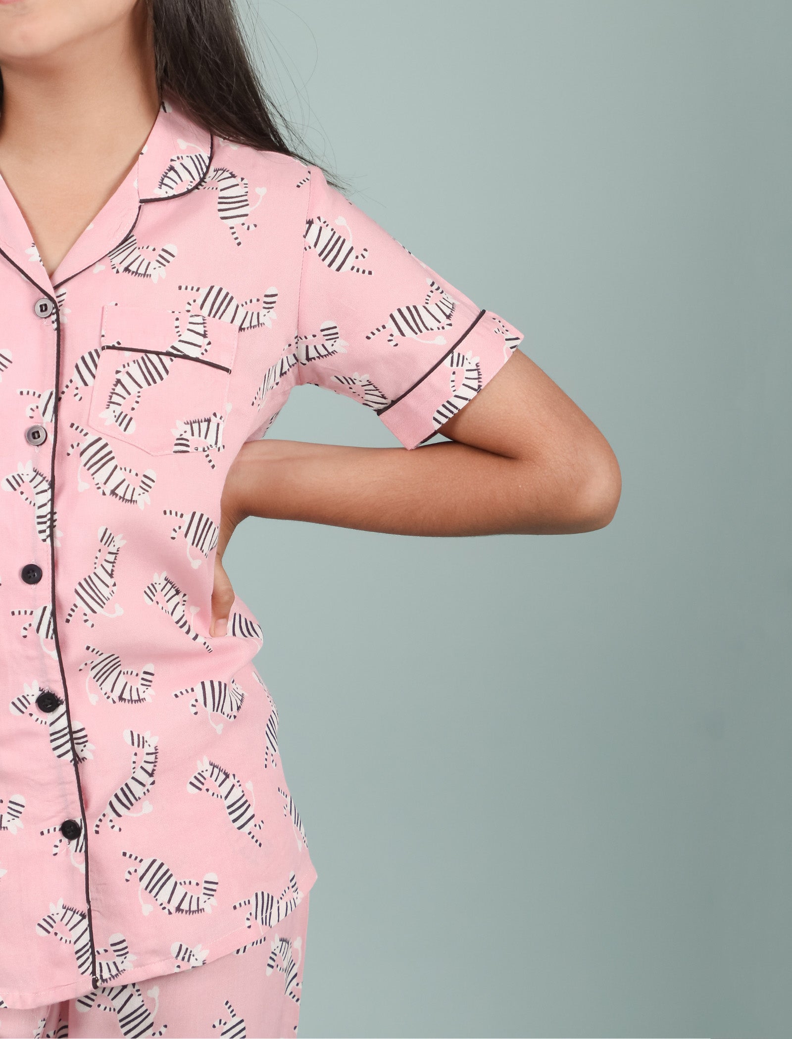 Pure Rayon Zebra Printed Kids Girls Nightwear Pajama Set (Half Sleeves, Pink) - Tweeny Mini