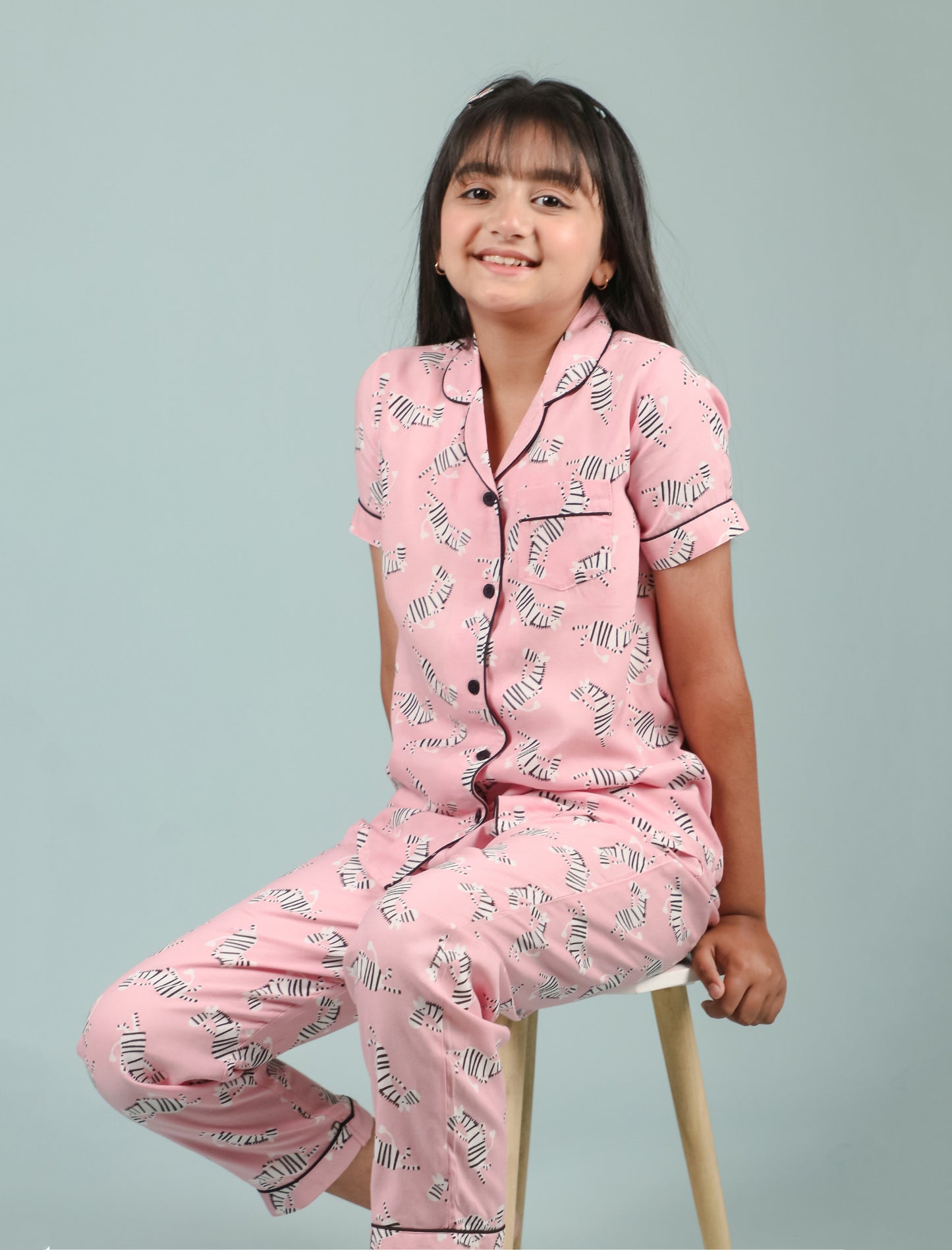 Pure Rayon Zebra Printed Kids Girls Nightwear Pajama Set (Half Sleeves, Pink) - Tweeny Mini