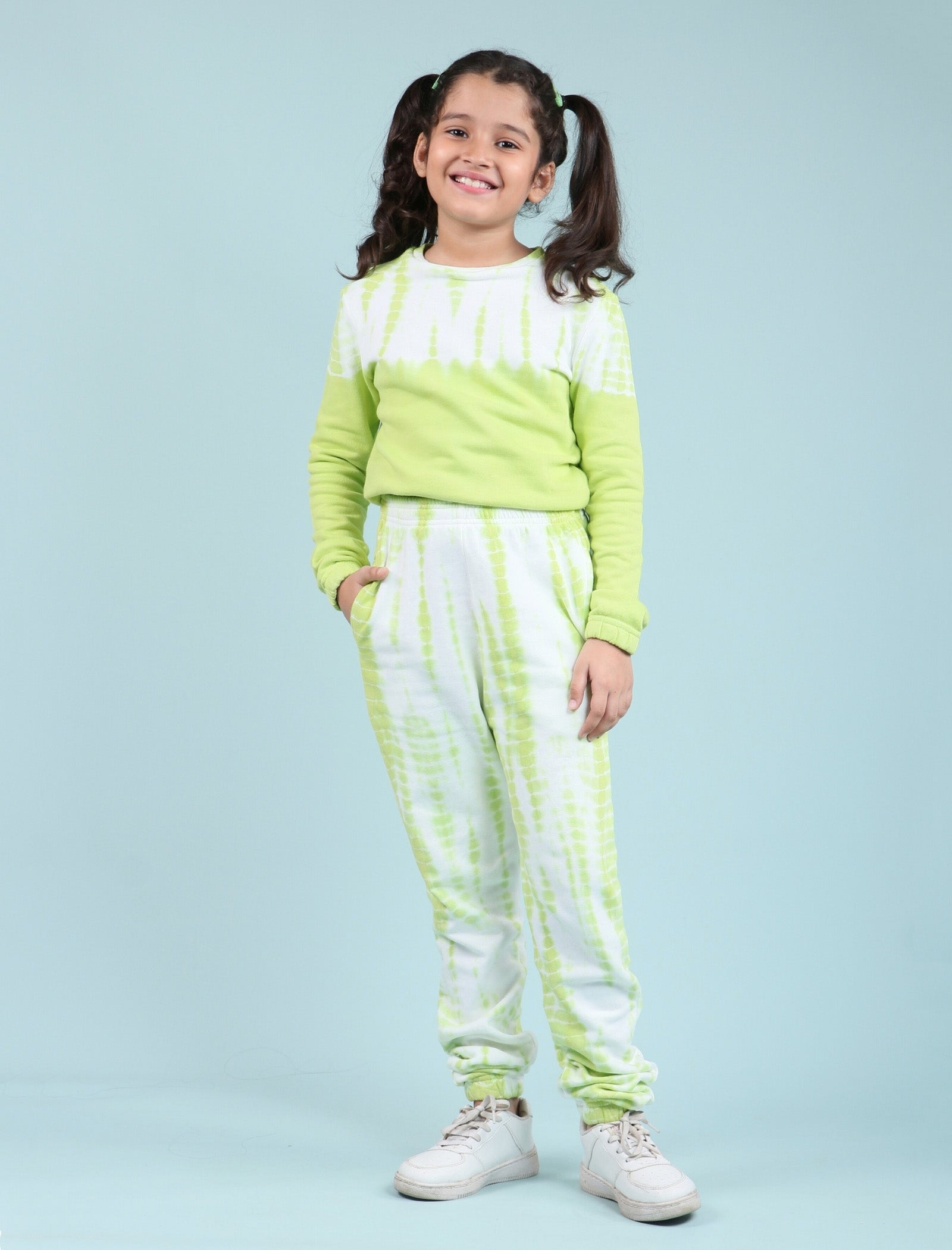 Premium Terry Cotton Tie Dye Girls Kids Winter Joggers Set (Citrus Green) - Tweeny Mini