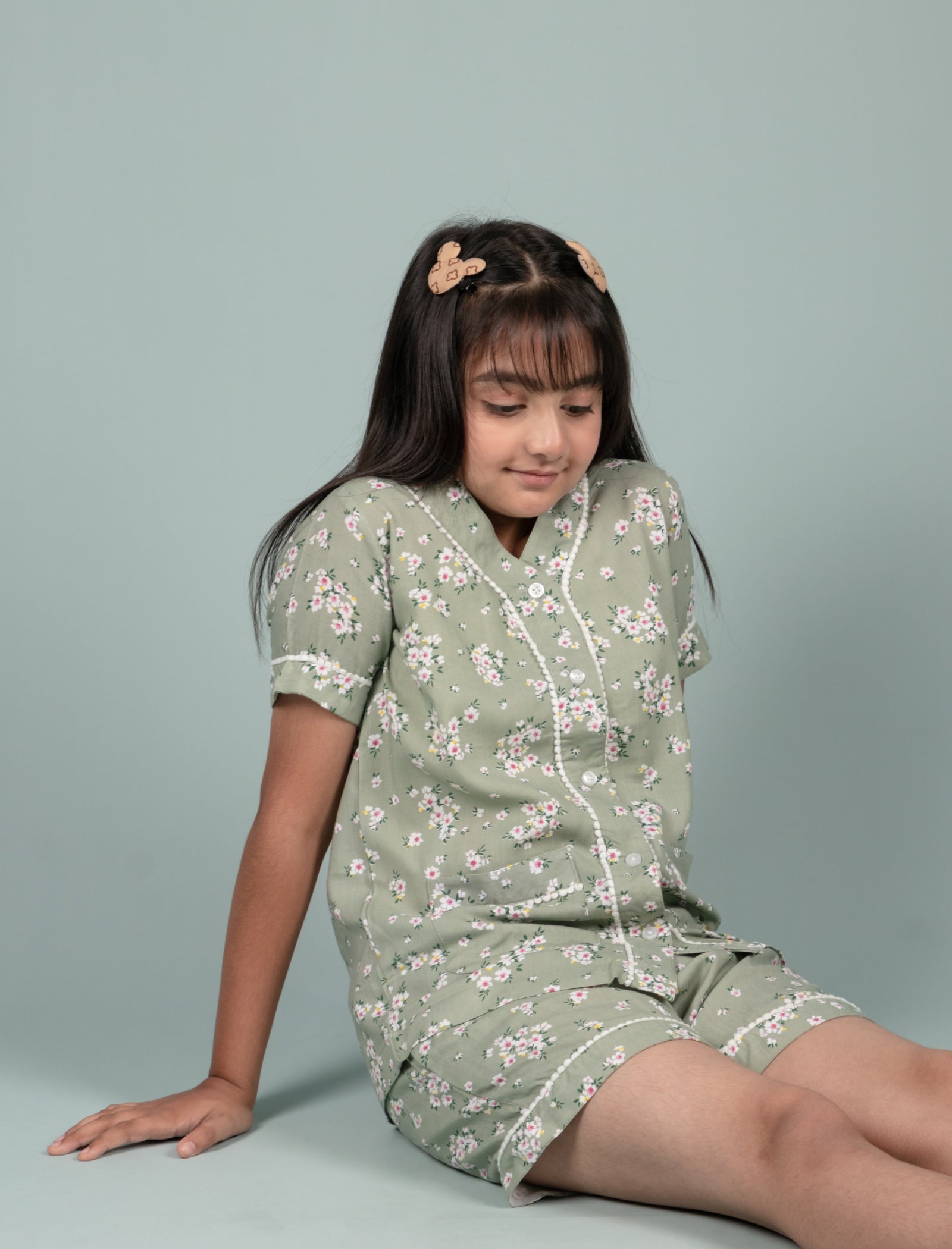 Pure Rayon Floral Printed Kids Girls Night Dress (Green)