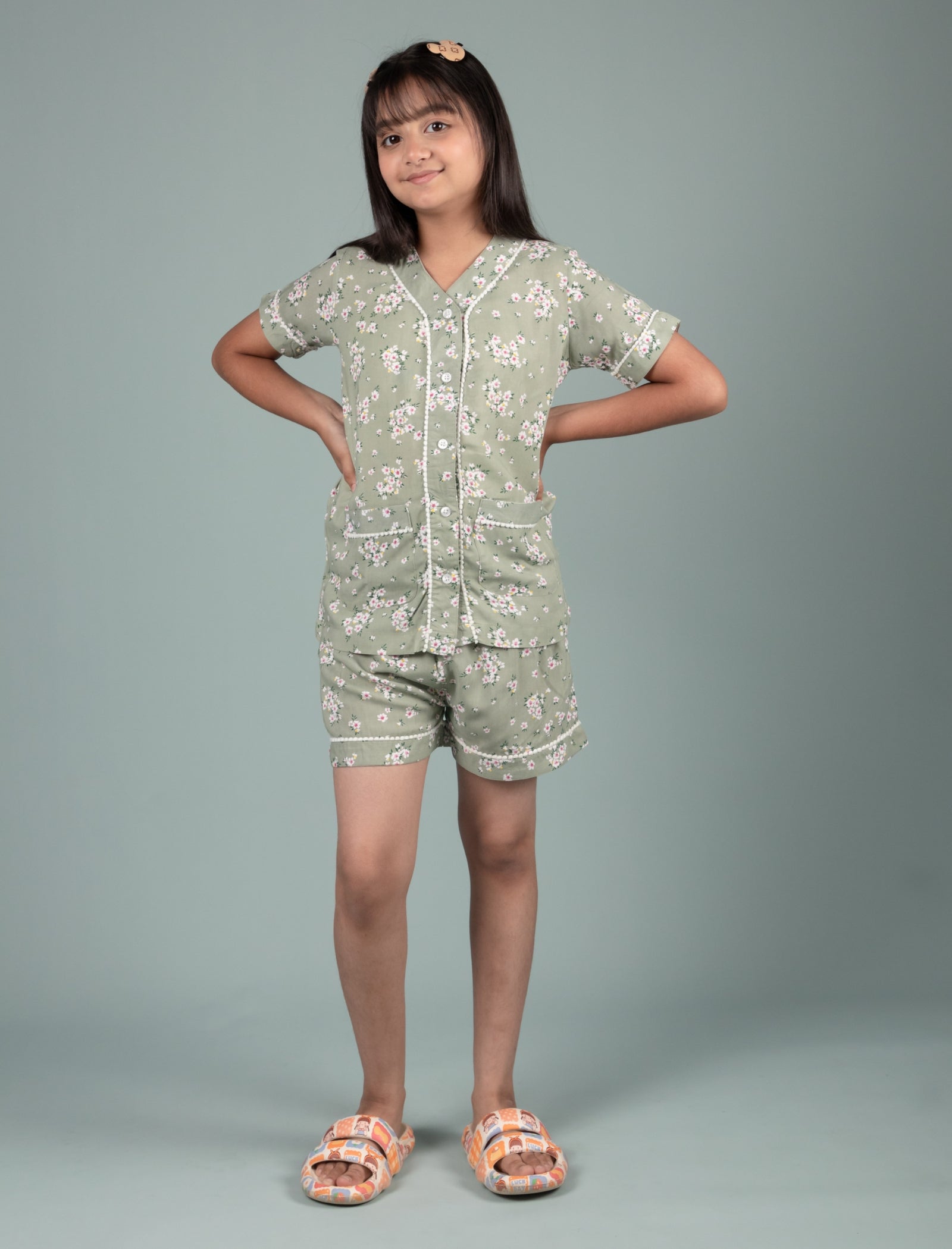 Pure Rayon Floral Printed Kids Girls Night Dress (Green) - Tweeny Mini
