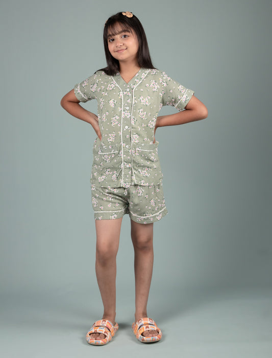 Pure Rayon Floral Printed Kids Girls Night Dress (Green) - Tweeny Mini