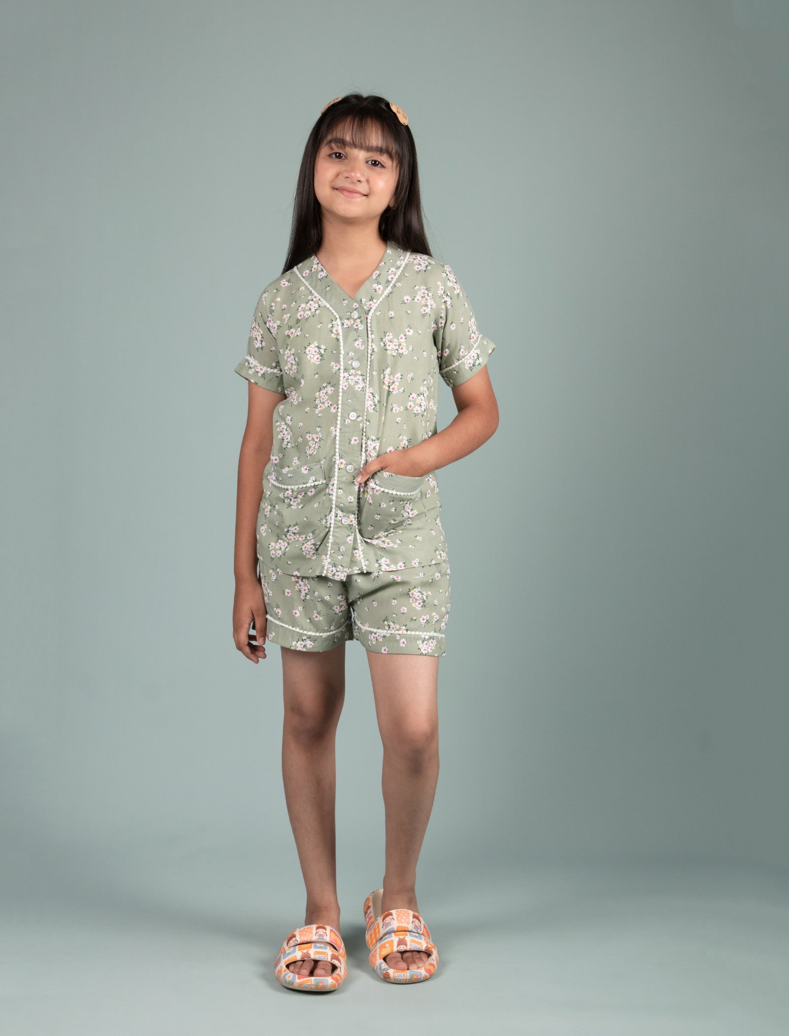 Pure Rayon Floral Printed Kids Girls Night Dress (Green) - Tweeny Mini