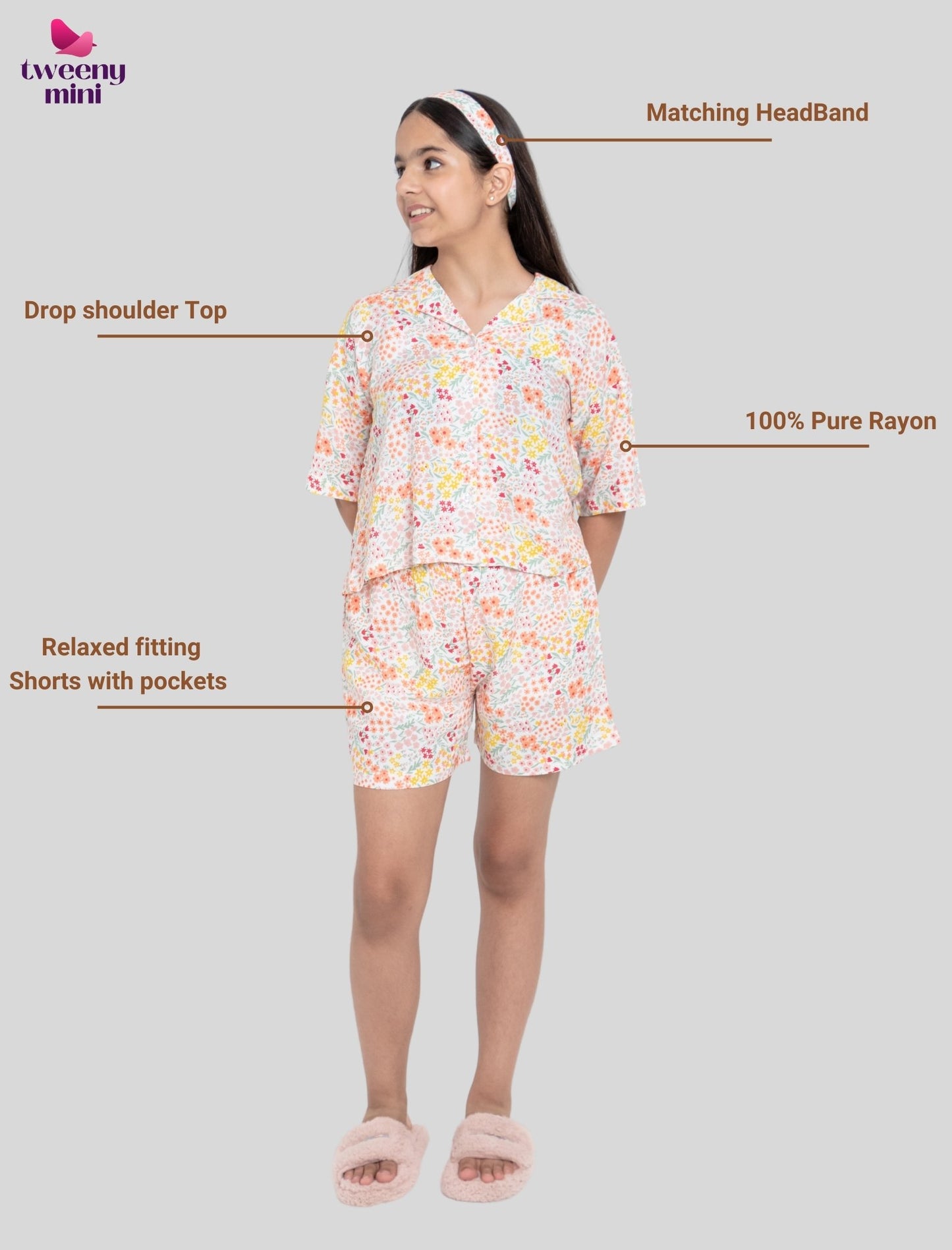 Relaxed Fit Floral Kids Girls Night Dress Shorts with Shirt (Multi-Color) - Tweeny Mini