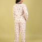Playful Cat Printed Girls Nightsuit with Pyjama Set (Full Sleeves, Cream) - Tweeny Mini