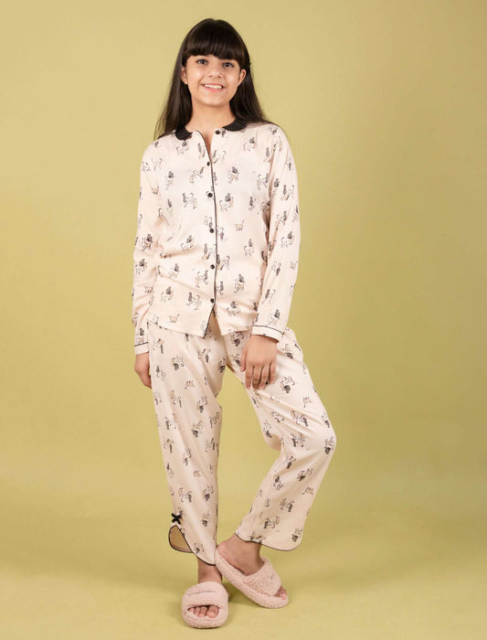 Playful Cat Printed Girls Nightsuit with Pyjama Set (Full Sleeves, Cream) - Tweeny Mini