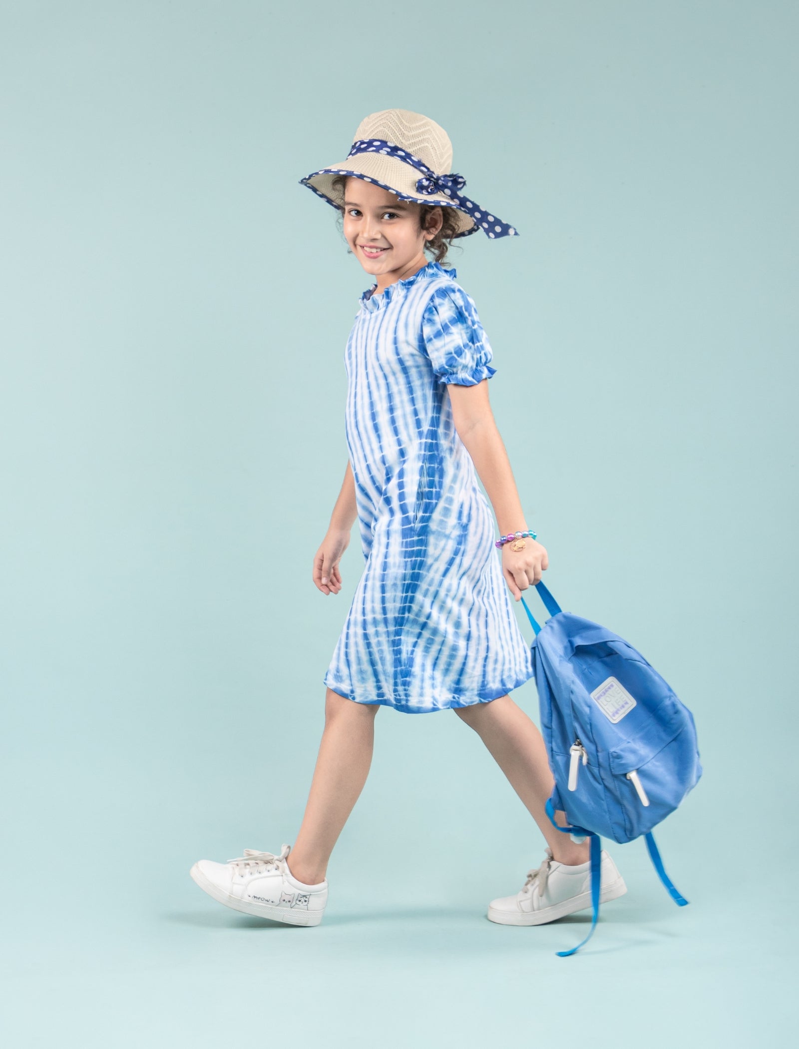 Shibori Style Kids Girls Tie Dye Dress with Puff Sleeves (Classic Blue) - Tweeny Mini