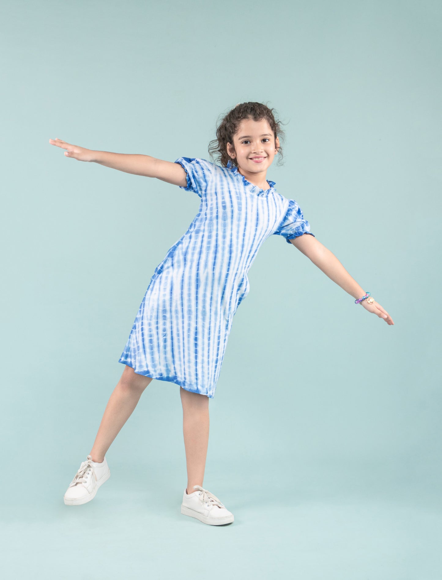 Shibori Style Kids Girls Tie Dye Dress with Puff Sleeves (Classic Blue) - Tweeny Mini