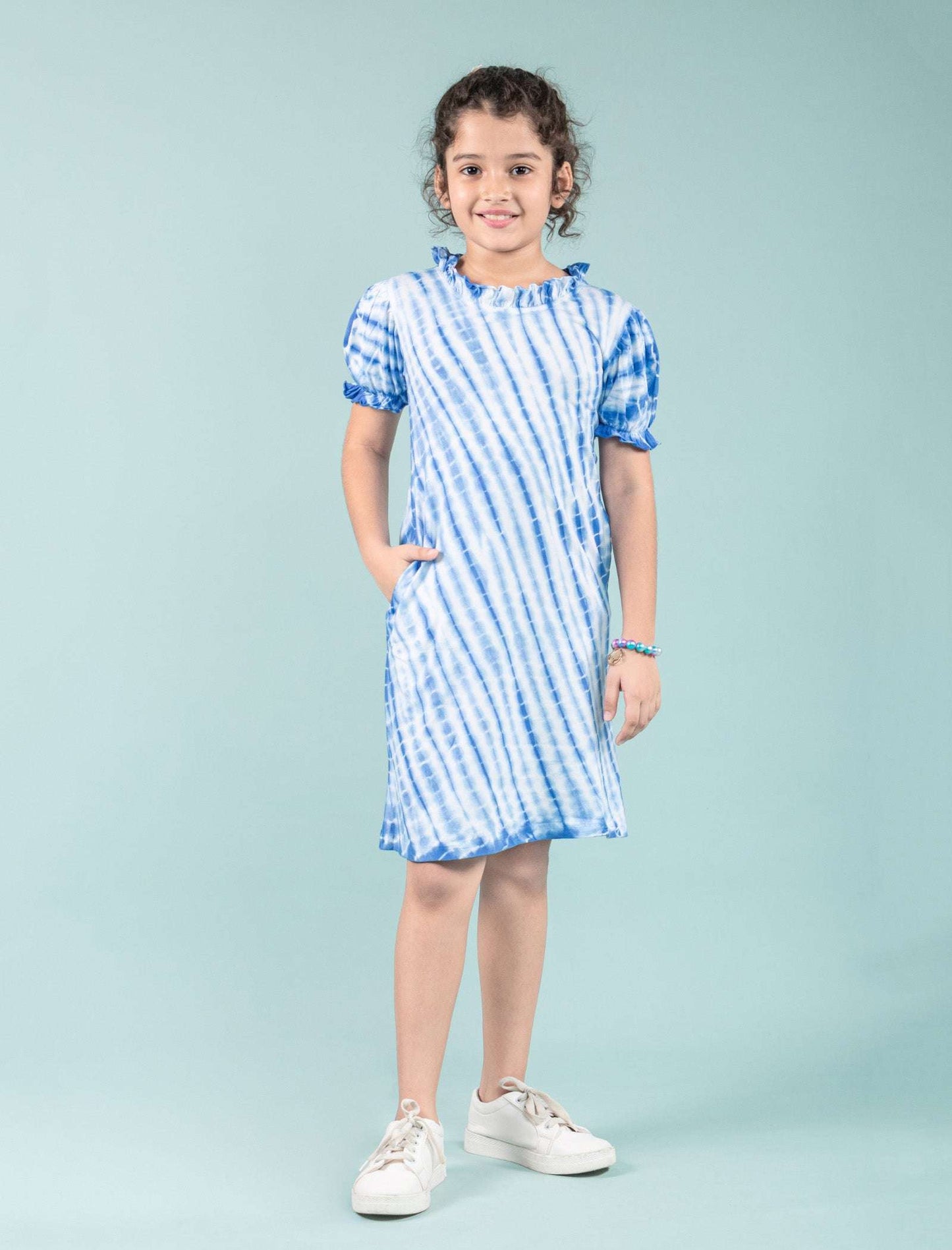 Shibori Style Kids Girls Tie Dye Dress with Puff Sleeves (Classic Blue) - Tweeny Mini