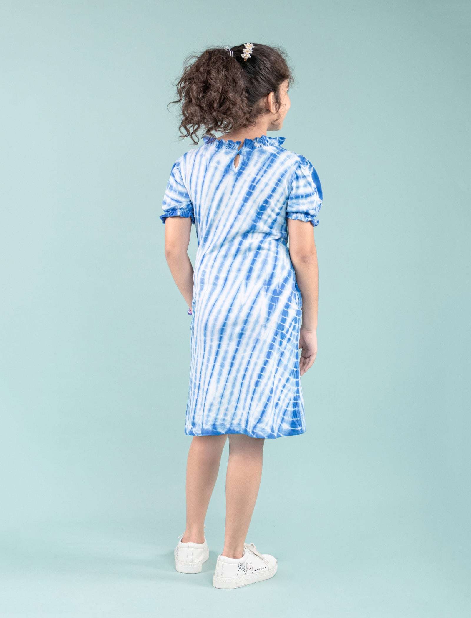 Shibori Style Kids Girls Tie Dye Dress with Puff Sleeves (Classic Blue) - Tweeny Mini