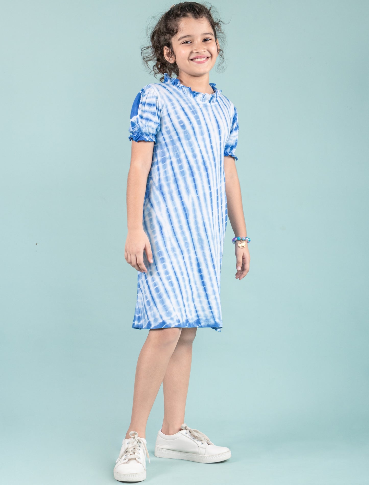 Shibori Style Kids Girls Tie Dye Dress with Puff Sleeves (Classic Blue) - Tweeny Mini