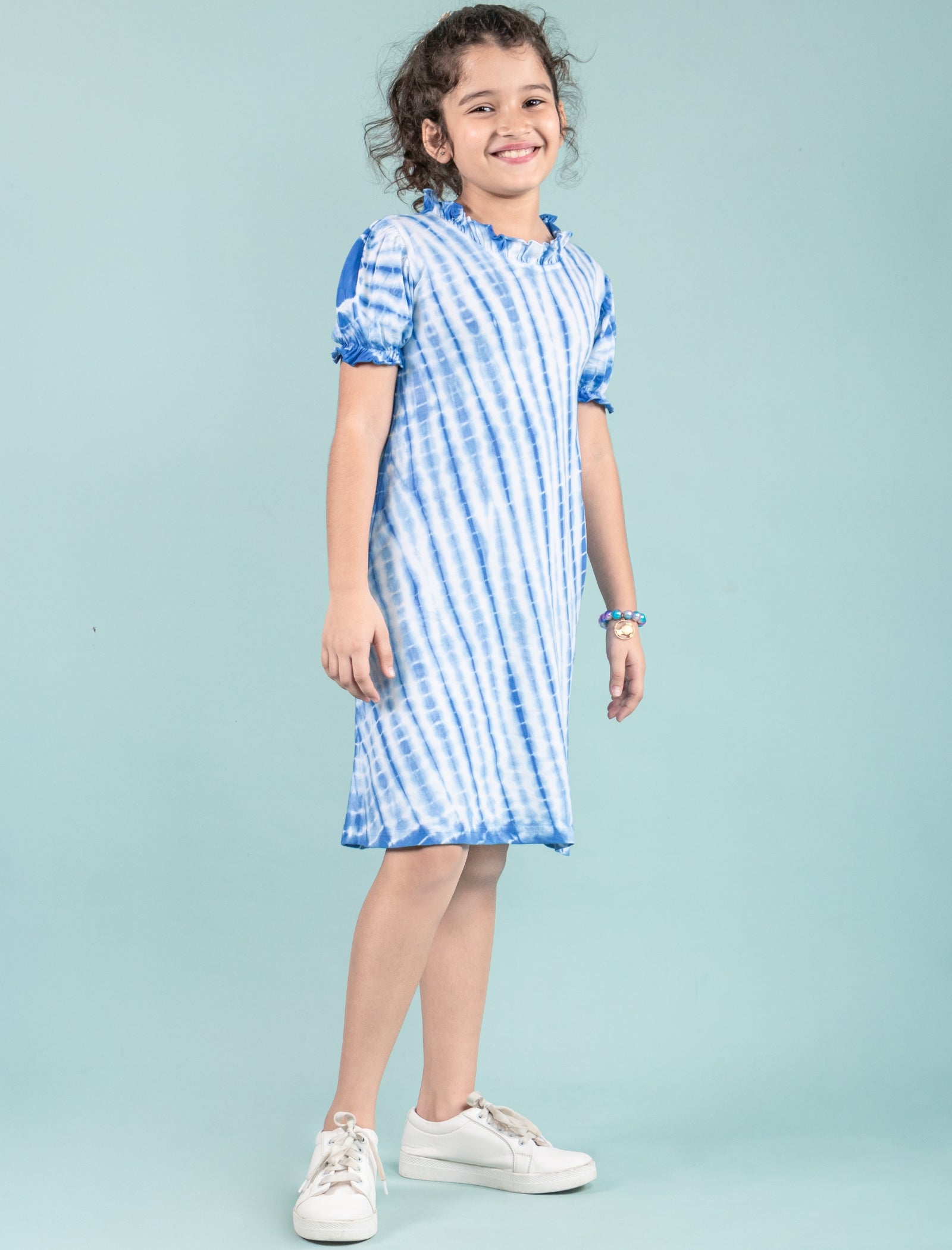 Shibori Style Kids Girls Tie Dye Dress with Puff Sleeves (Classic Blue) - Tweeny Mini