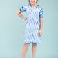 Shibori Style Kids Girls Tie Dye Dress with Puff Sleeves (Classic Blue) - Tweeny Mini
