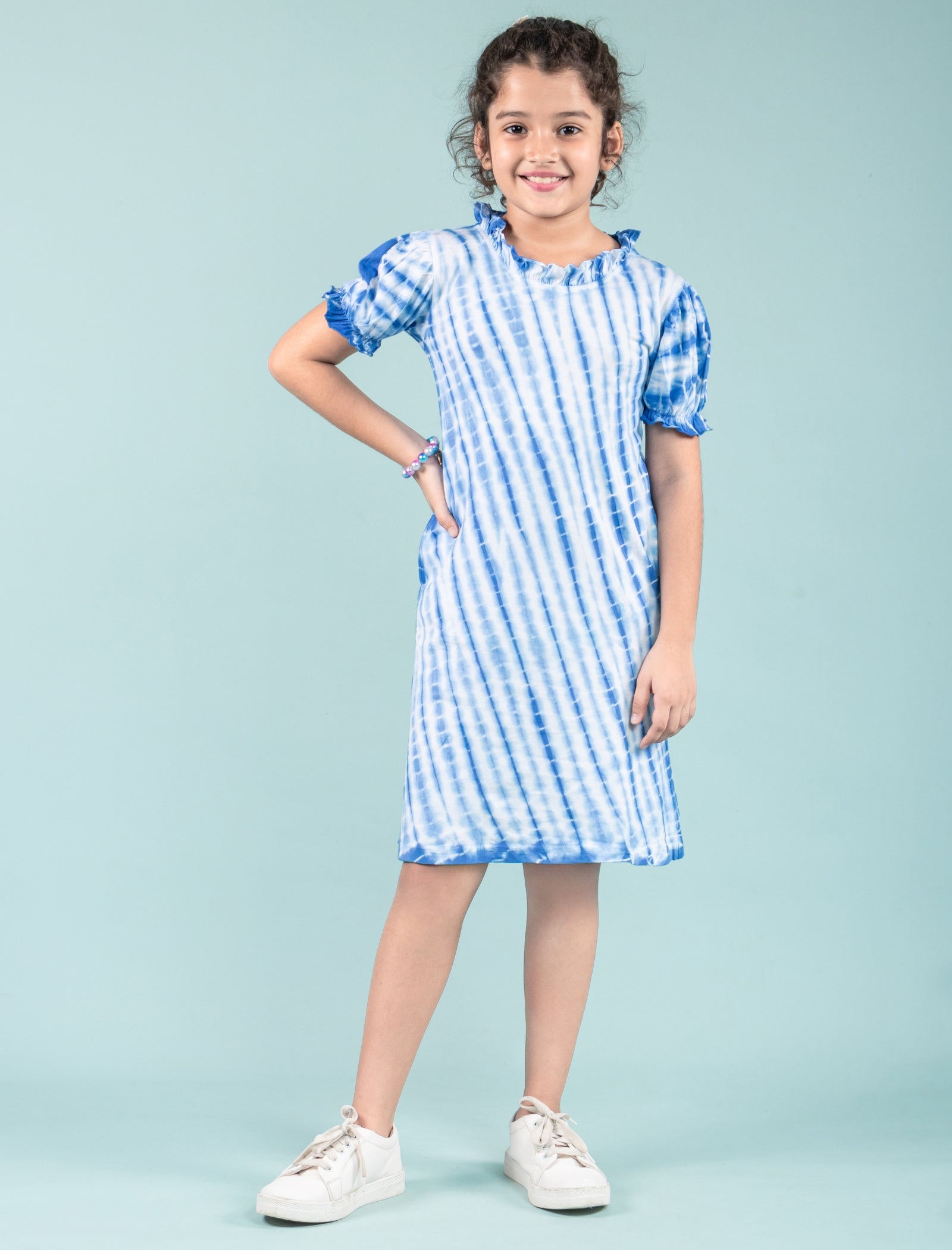 Shibori Style Kids Girls Tie Dye Dress with Puff Sleeves (Classic Blue) - Tweeny Mini