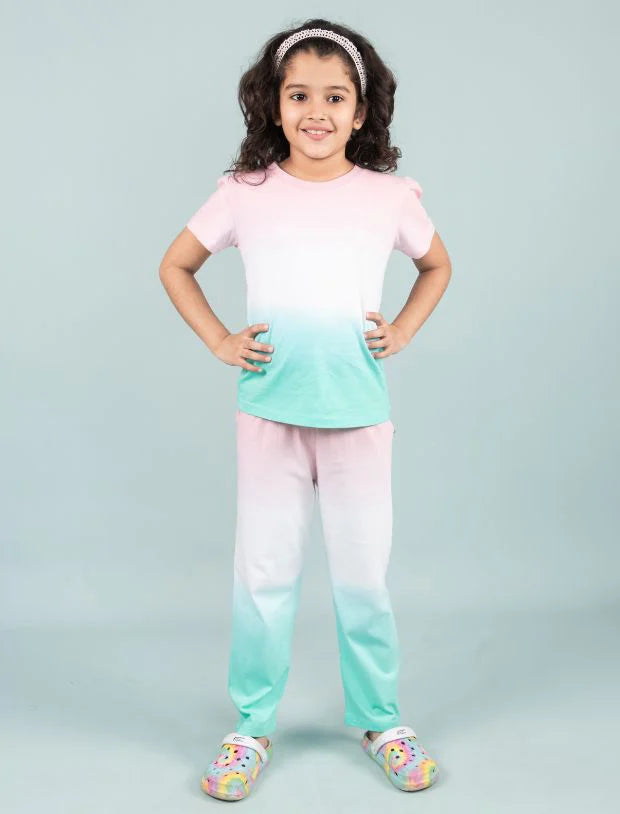 Ombre Style Tie-Dye Nightsuit for Girls Kids (Pink-Green)