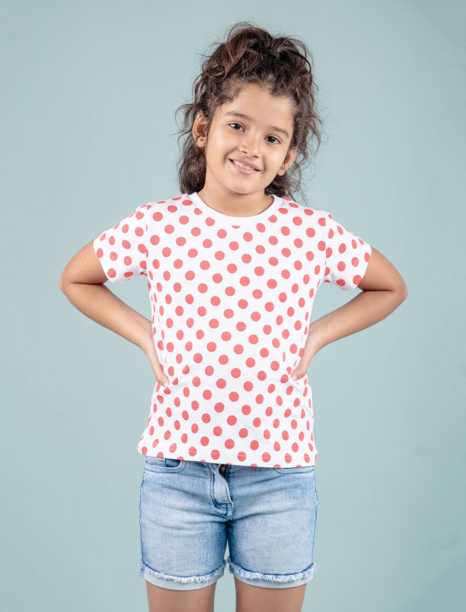 Hand Printed Pure Cotton Half Sleeve T-Shirt for Girls Kids (Red Polka Dot) - Tweeny Mini