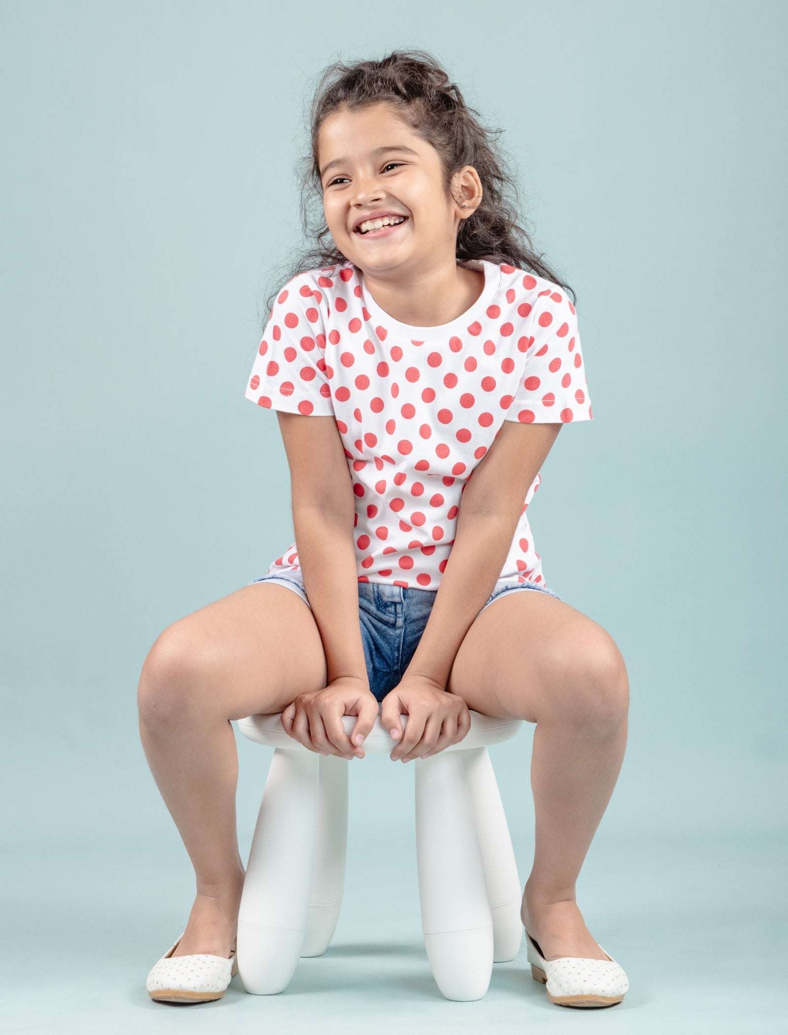 Hand Printed Pure Cotton Half Sleeve T-Shirt for Girls Kids (Red Polka Dot) - Tweeny Mini