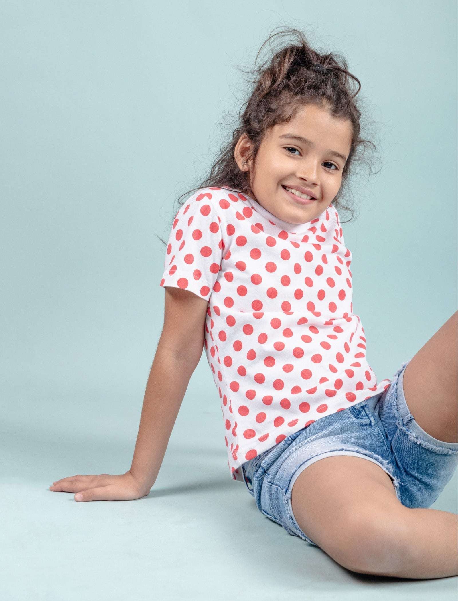 Hand Printed Pure Cotton Half Sleeve T-Shirt for Girls Kids (Red Polka Dot) - Tweeny Mini