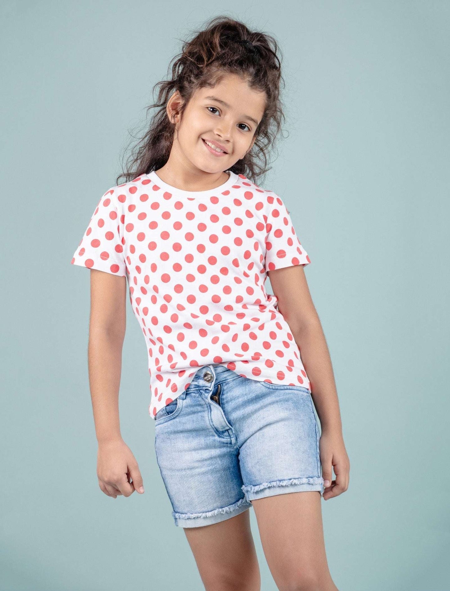Hand Printed Pure Cotton Half Sleeve T-Shirt for Girls Kids (Red Polka Dot) - Tweeny Mini