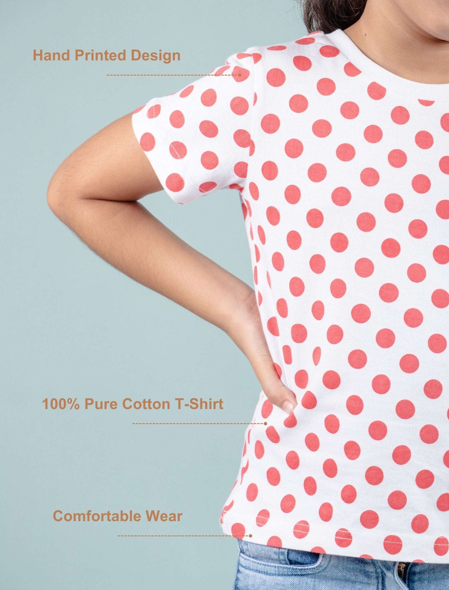 Hand Printed Pure Cotton Half Sleeve T-Shirt for Girls Kids (Red Polka Dot) - Tweeny Mini