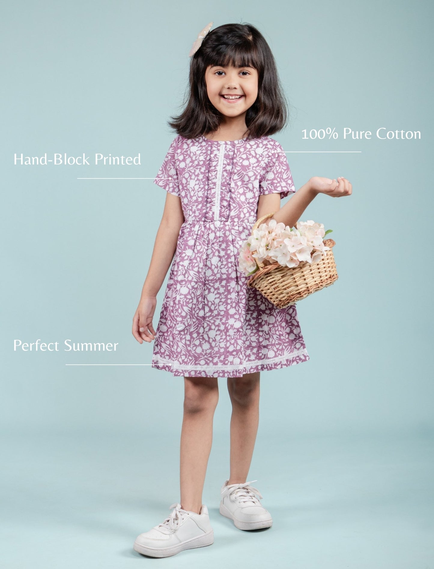 Pure Cotton Hand Block Printed Frock for Girls Kids (Lavender) - Tweeny Mini