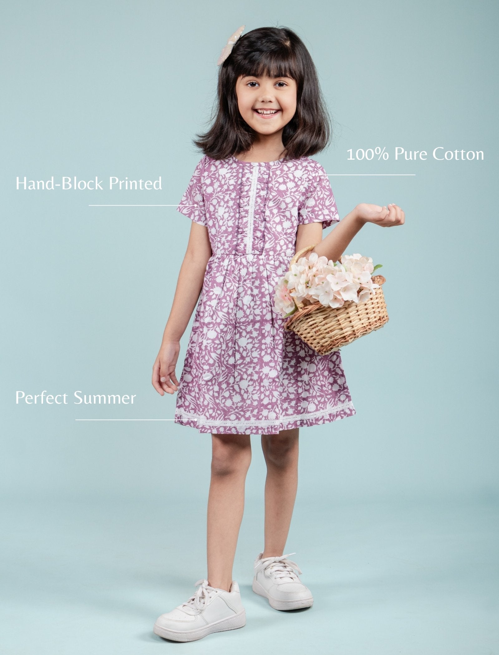 Pure Cotton Hand Block Printed Frock for Girls Kids (Lavender) - Tweeny Mini