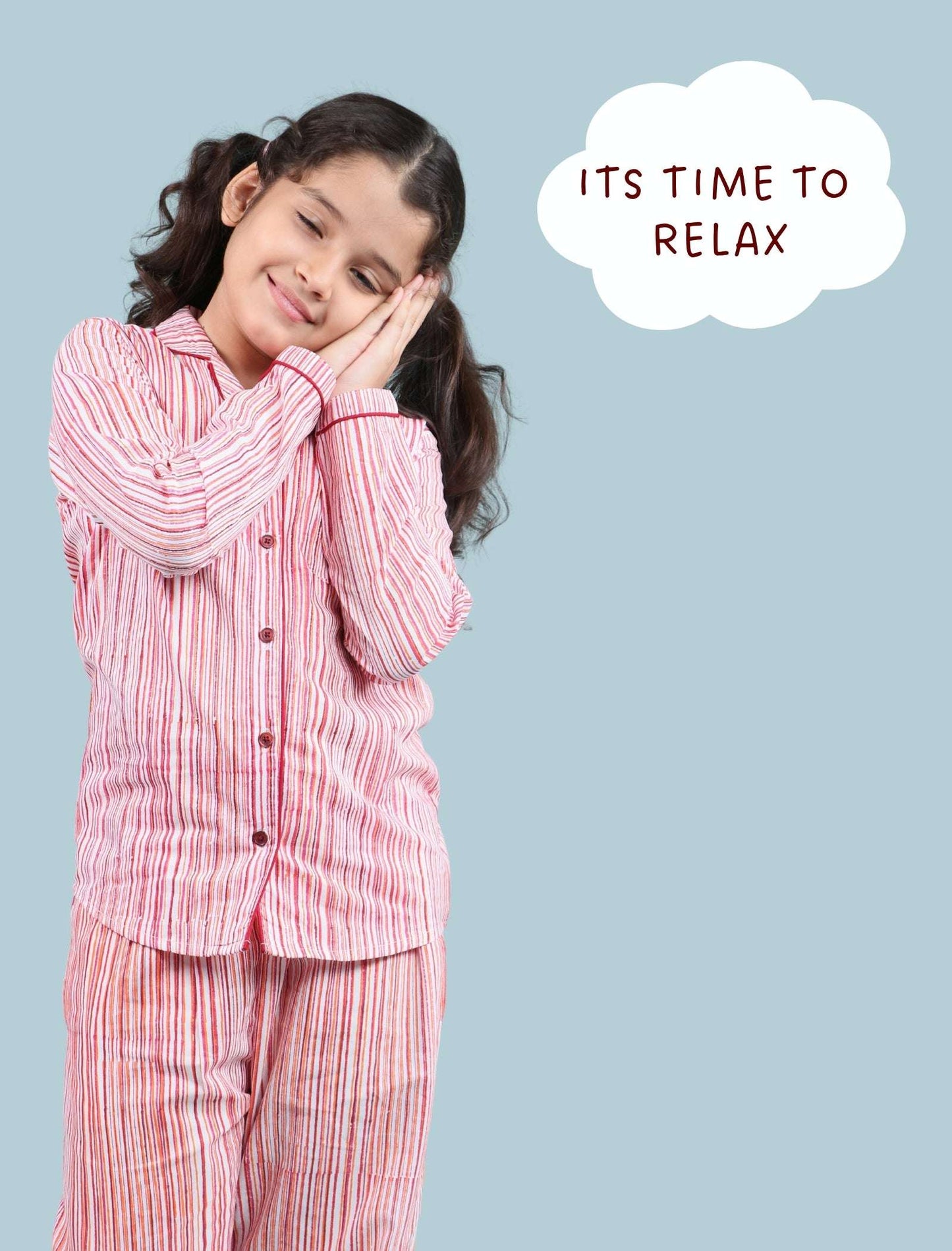 Pure Cotton Handblock Print Night Suit For Kids Girls (Rose Red) - Tweeny Mini