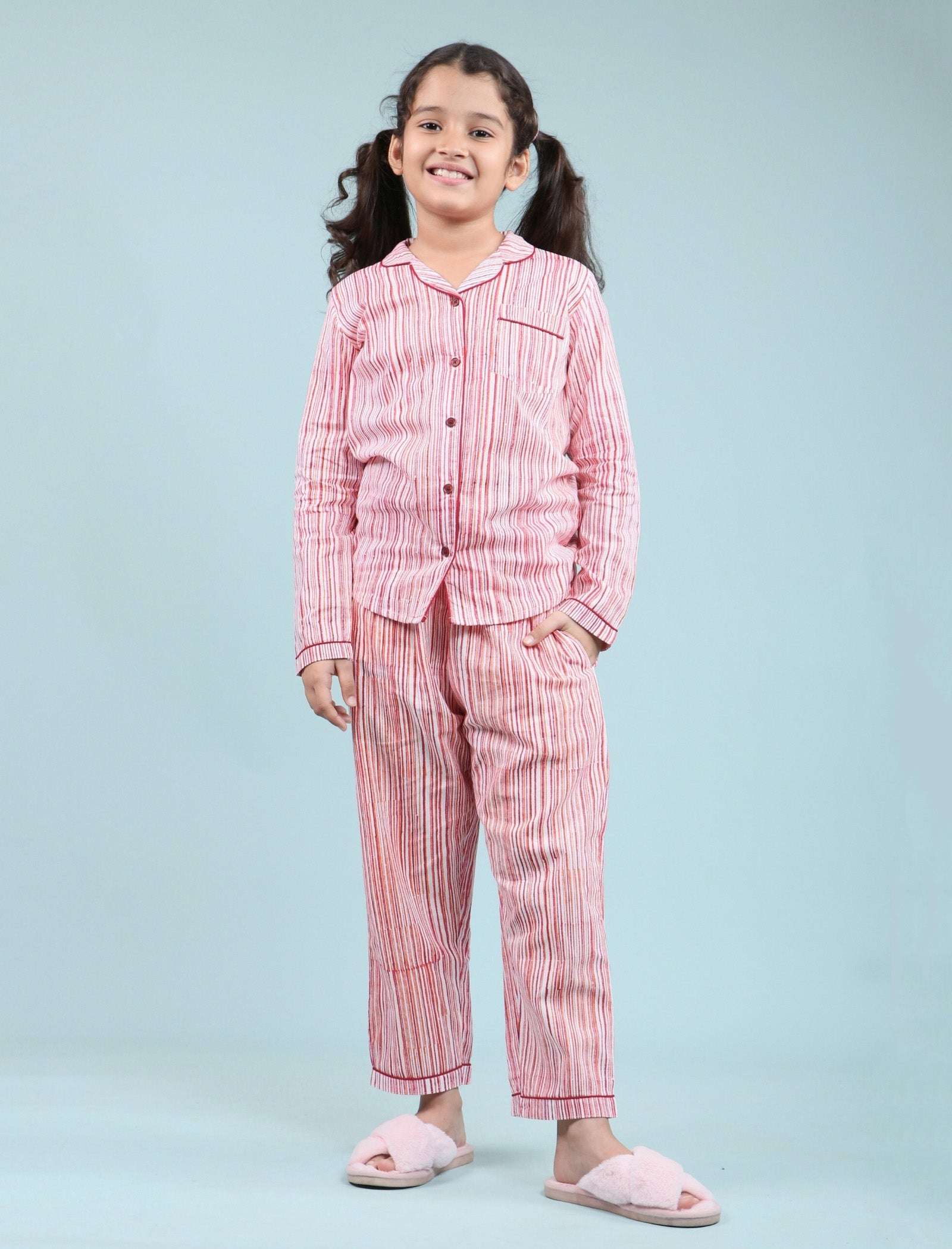 Pure Cotton Handblock Print Night Suit For Kids Girls (Rose Red) - Tweeny Mini