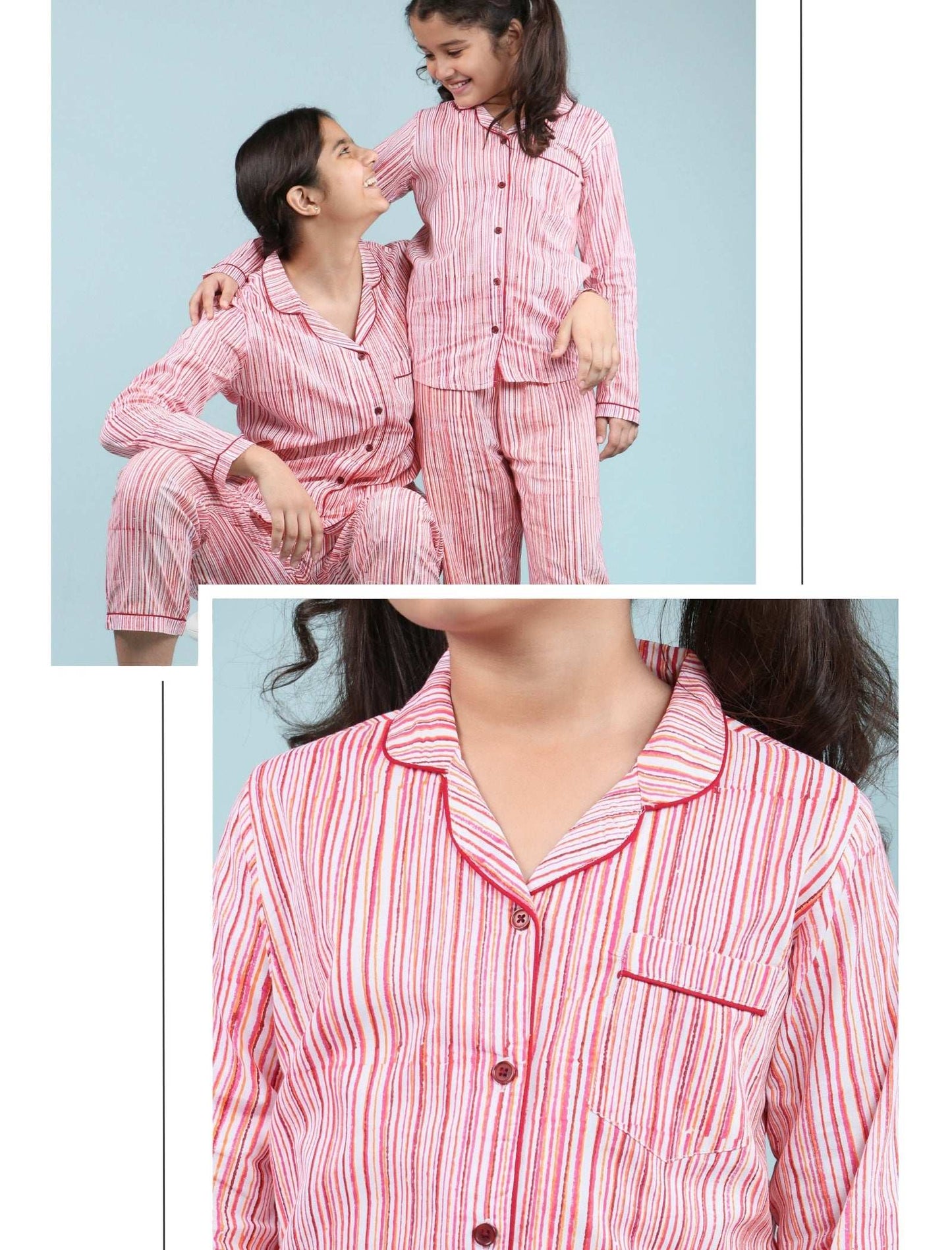 Pure Cotton Handblock Print Night Suit For Kids Girls (Rose Red) - Tweeny Mini