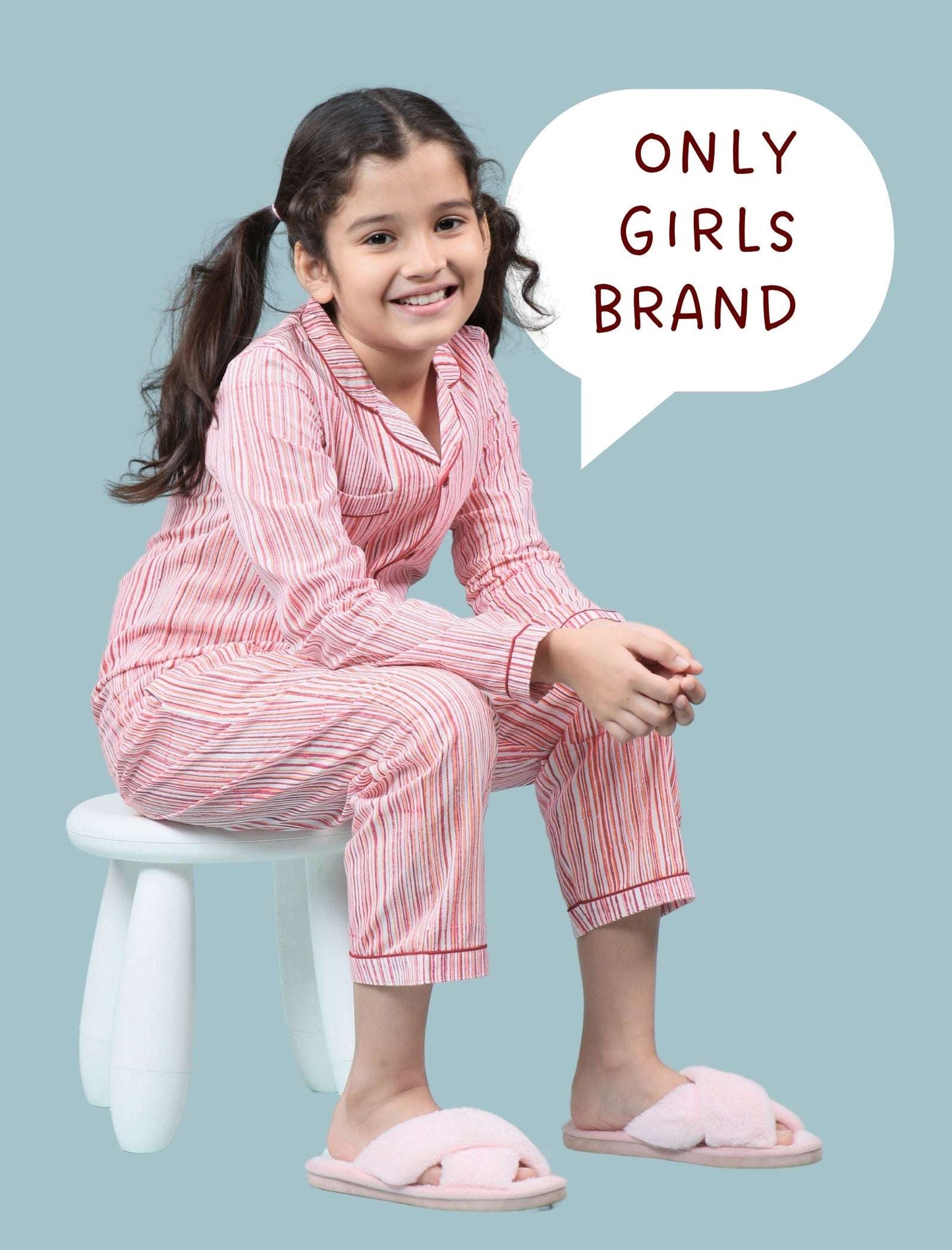 Pure Cotton Handblock Print Night Suit For Kids Girls (Rose Red) - Tweeny Mini