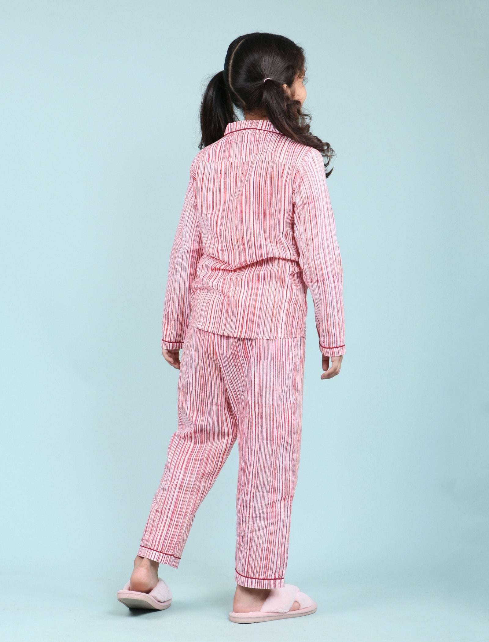 Pure Cotton Handblock Print Night Suit For Kids Girls (Rose Red) - Tweeny Mini