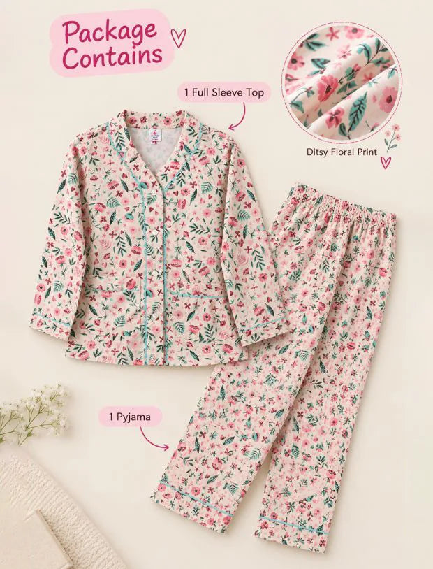 Pure Rayon Floral Night Suit for Girls Kids with Pyjama Set (Full Sleeves, Beige)